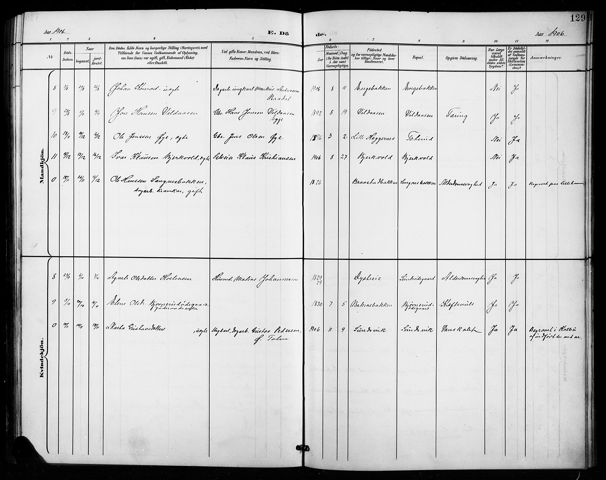 Vestre Toten prestekontor, SAH/PREST-108/H/Ha/Hab/L0016: Parish register (copy) no. 16, 1901-1915, p. 129