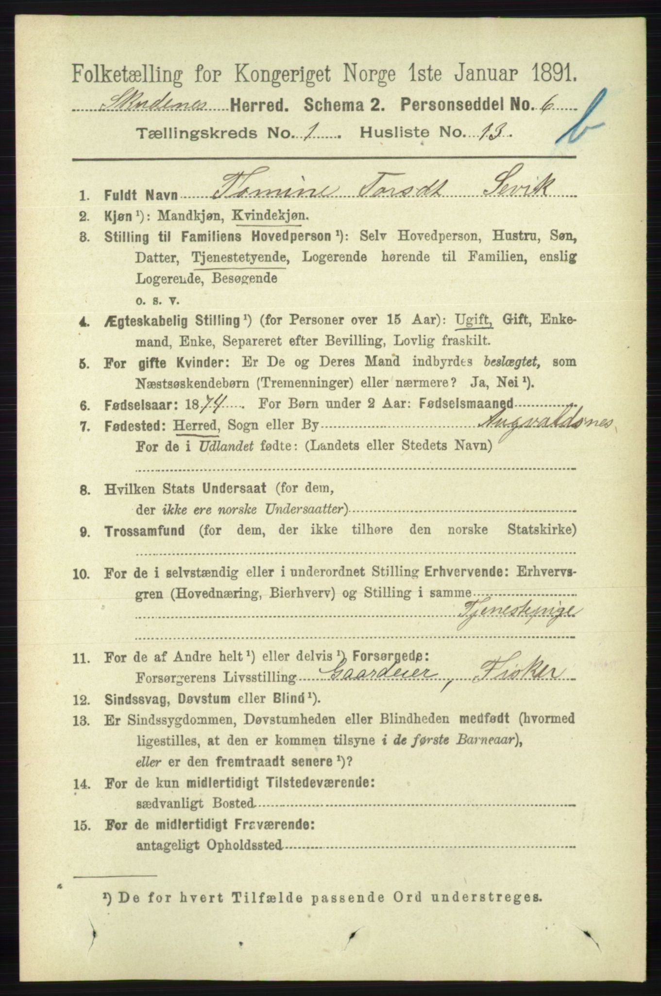 RA, 1891 census for 1150 Skudenes, 1891, p. 3477