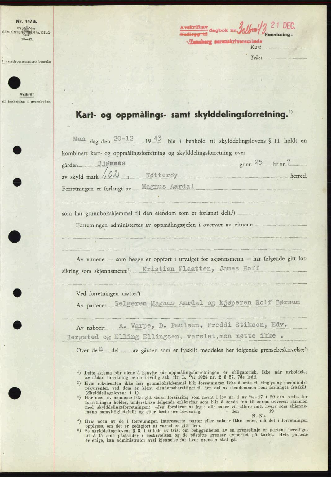 Tønsberg sorenskriveri, AV/SAKO-A-130/G/Ga/Gaa/L0014: Mortgage book no. A14, 1943-1944, Diary no: : 3086/1943