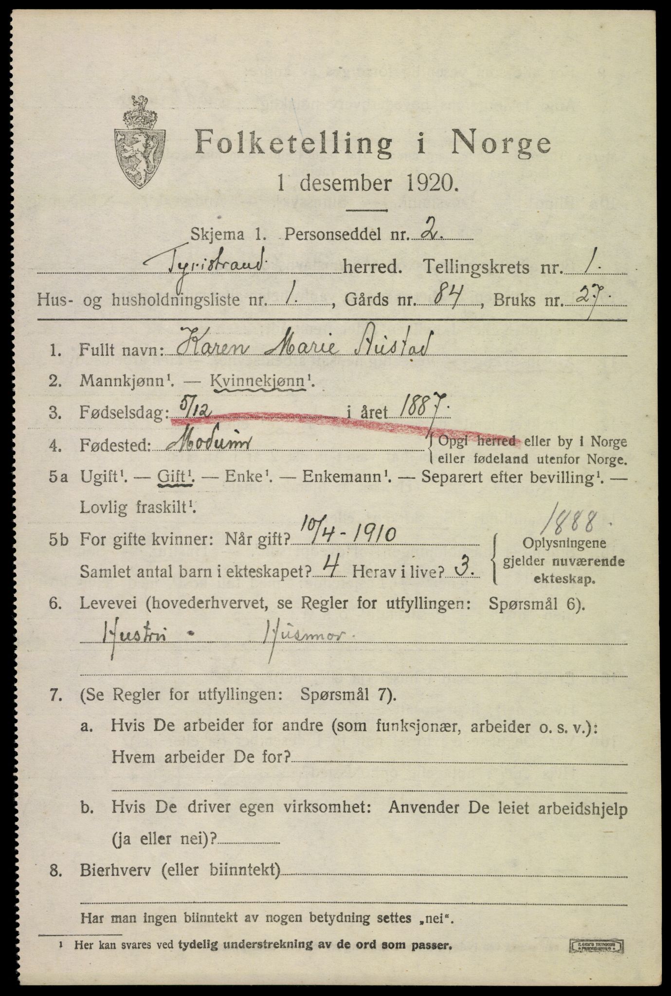 SAKO, 1920 census for Tyristrand, 1920, p. 604