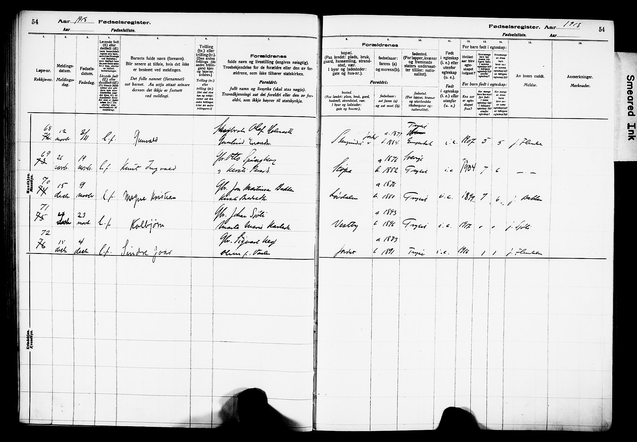 Trysil prestekontor, AV/SAH-PREST-046/I/Id/Ida/L0001: Birth register no. I 1, 1916-1927, p. 54