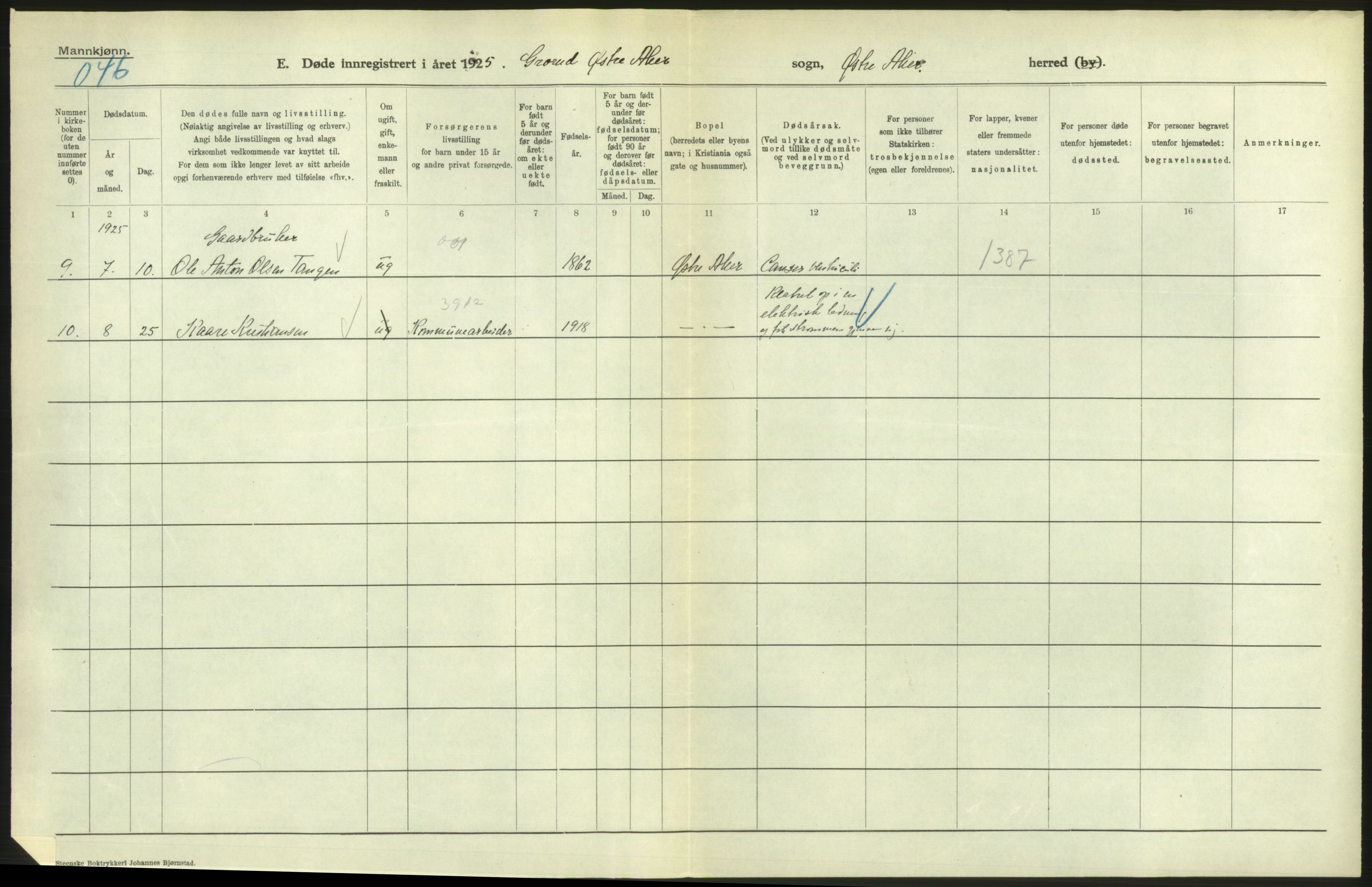 Statistisk sentralbyrå, Sosiodemografiske emner, Befolkning, AV/RA-S-2228/D/Df/Dfc/Dfce/L0005: Akershus amt: Døde, gifte. Bygder og byer., 1925