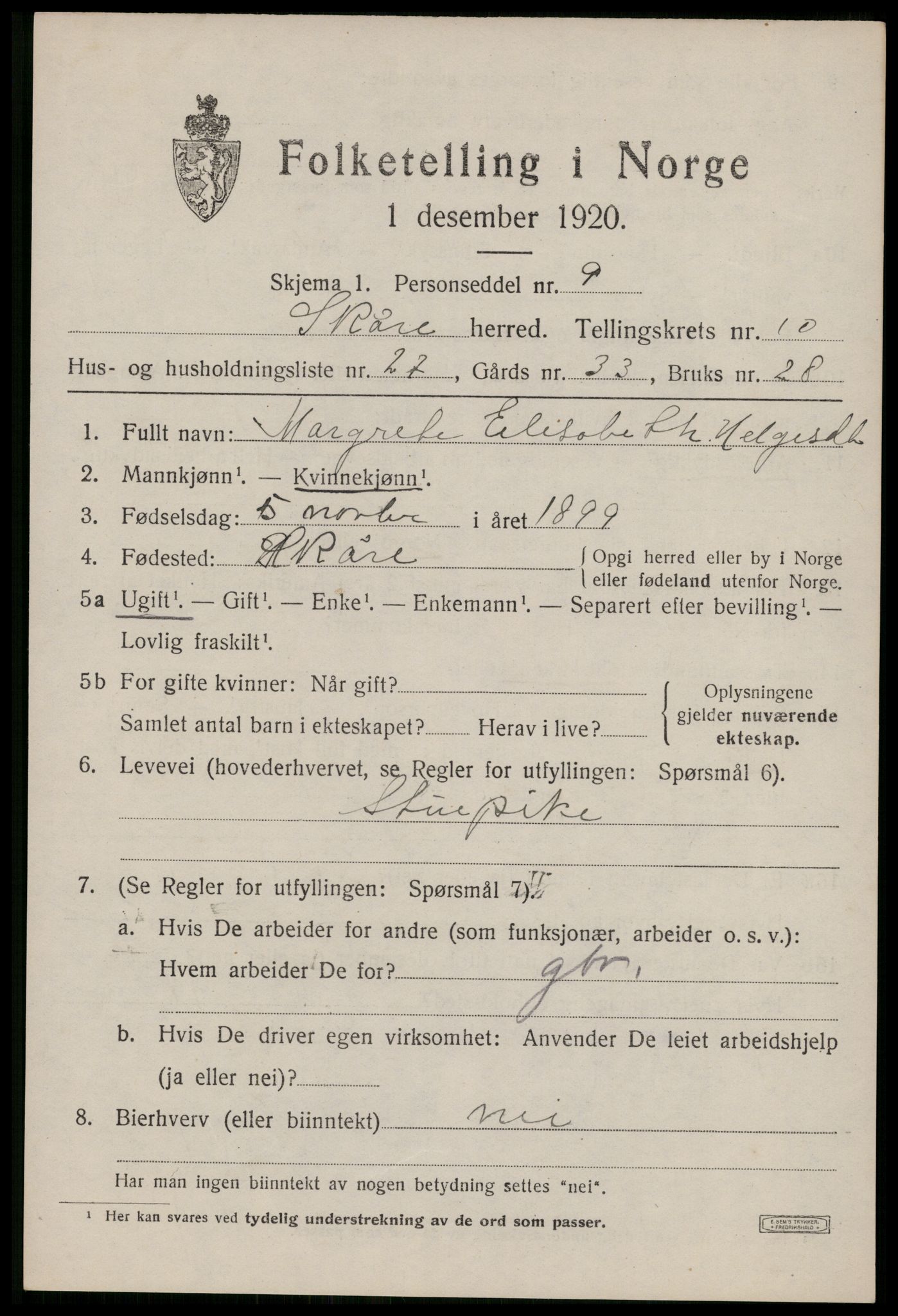 SAST, 1920 census for Skåre, 1920, p. 8214