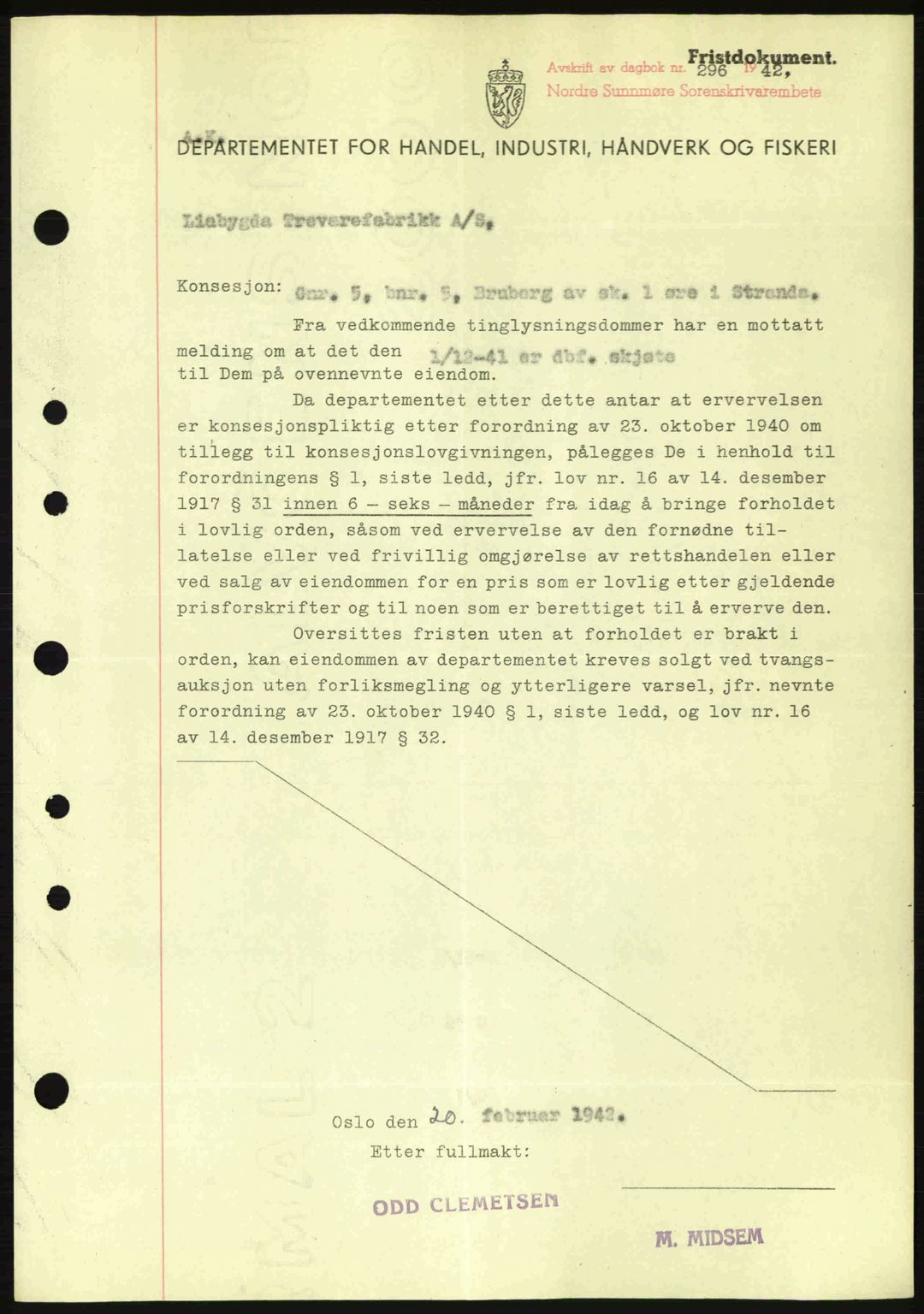 Nordre Sunnmøre sorenskriveri, SAT/A-0006/1/2/2C/2Ca: Mortgage book no. B1-6, 1938-1942, Diary no: : 296/1942