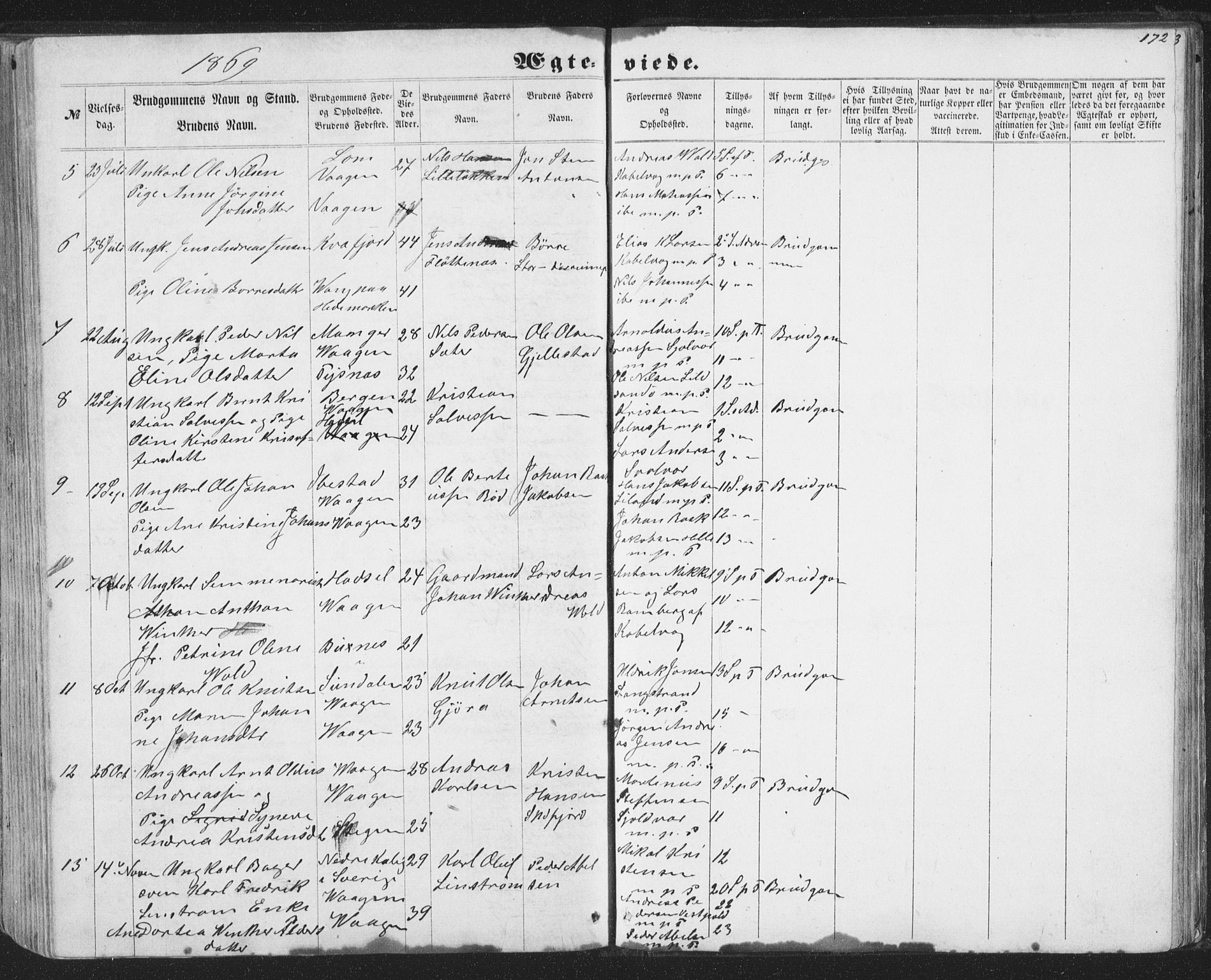 Ministerialprotokoller, klokkerbøker og fødselsregistre - Nordland, AV/SAT-A-1459/874/L1073: Parish register (copy) no. 874C02, 1860-1870, p. 172