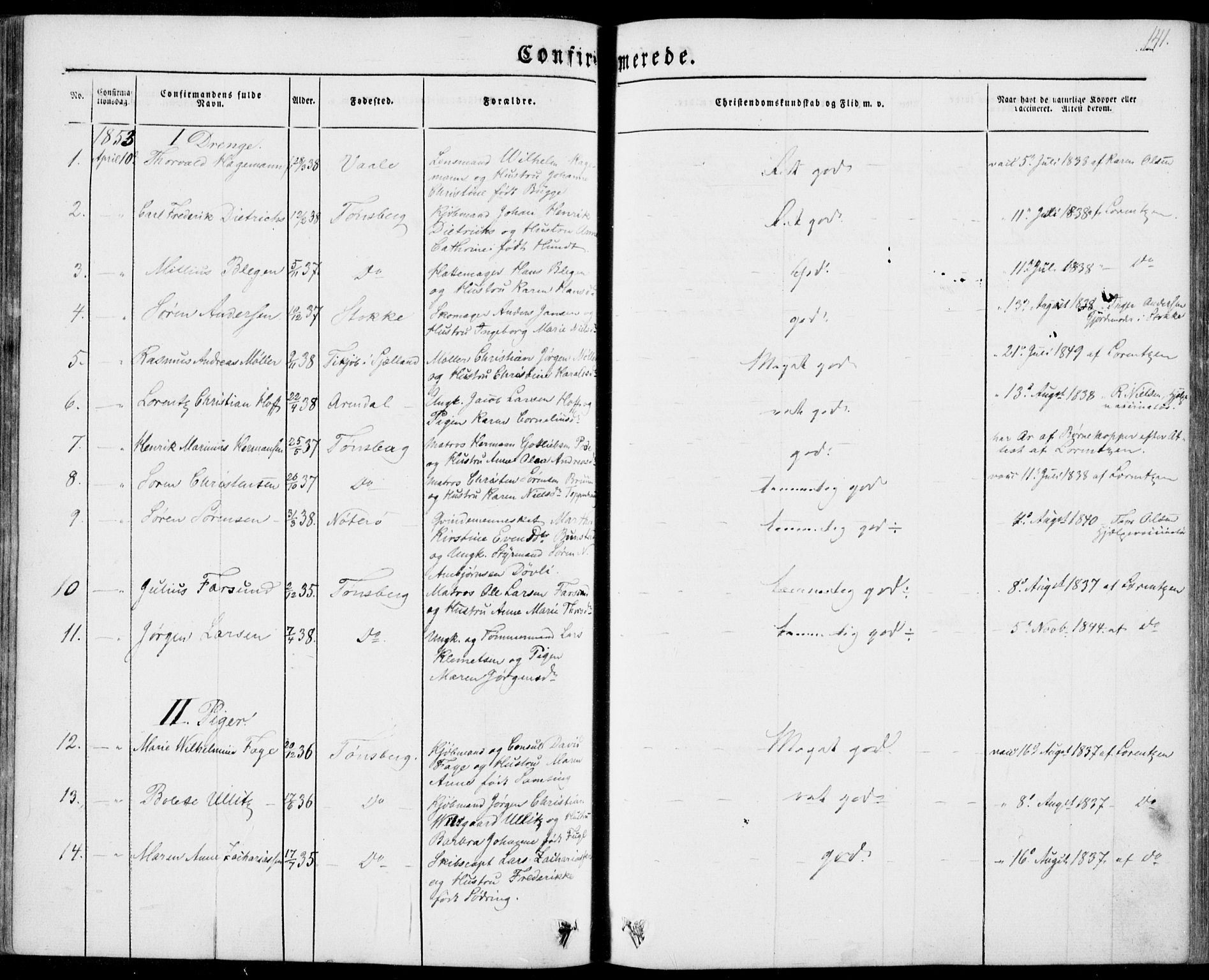 Tønsberg kirkebøker, AV/SAKO-A-330/F/Fa/L0007: Parish register (official) no. I 7, 1845-1854, p. 141