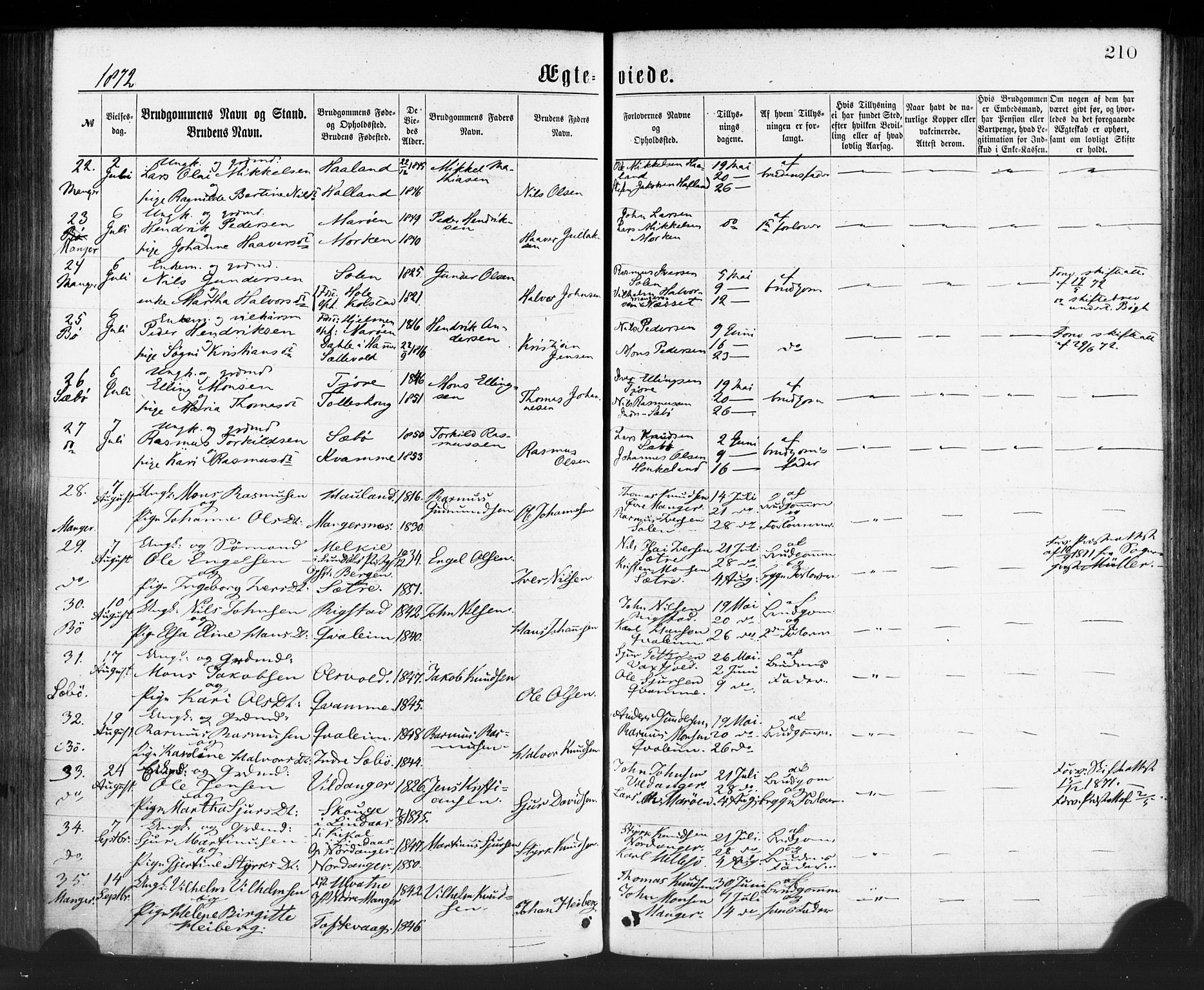 Manger sokneprestembete, SAB/A-76801/H/Haa: Parish register (official) no. A 8, 1871-1880, p. 210