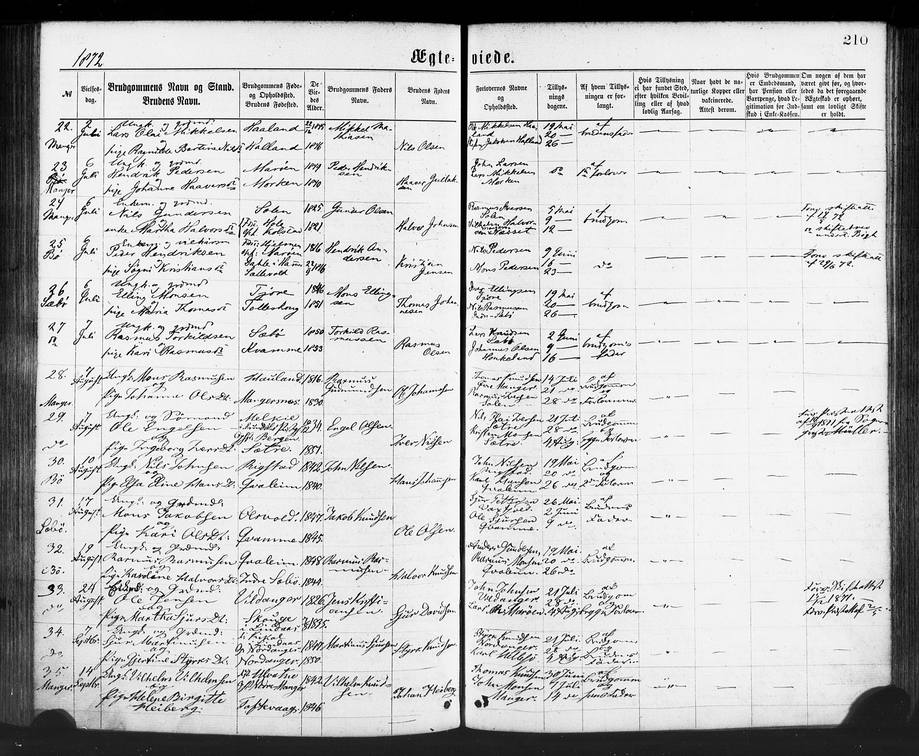 Manger sokneprestembete, AV/SAB-A-76801/H/Haa: Parish register (official) no. A 8, 1871-1880, p. 210