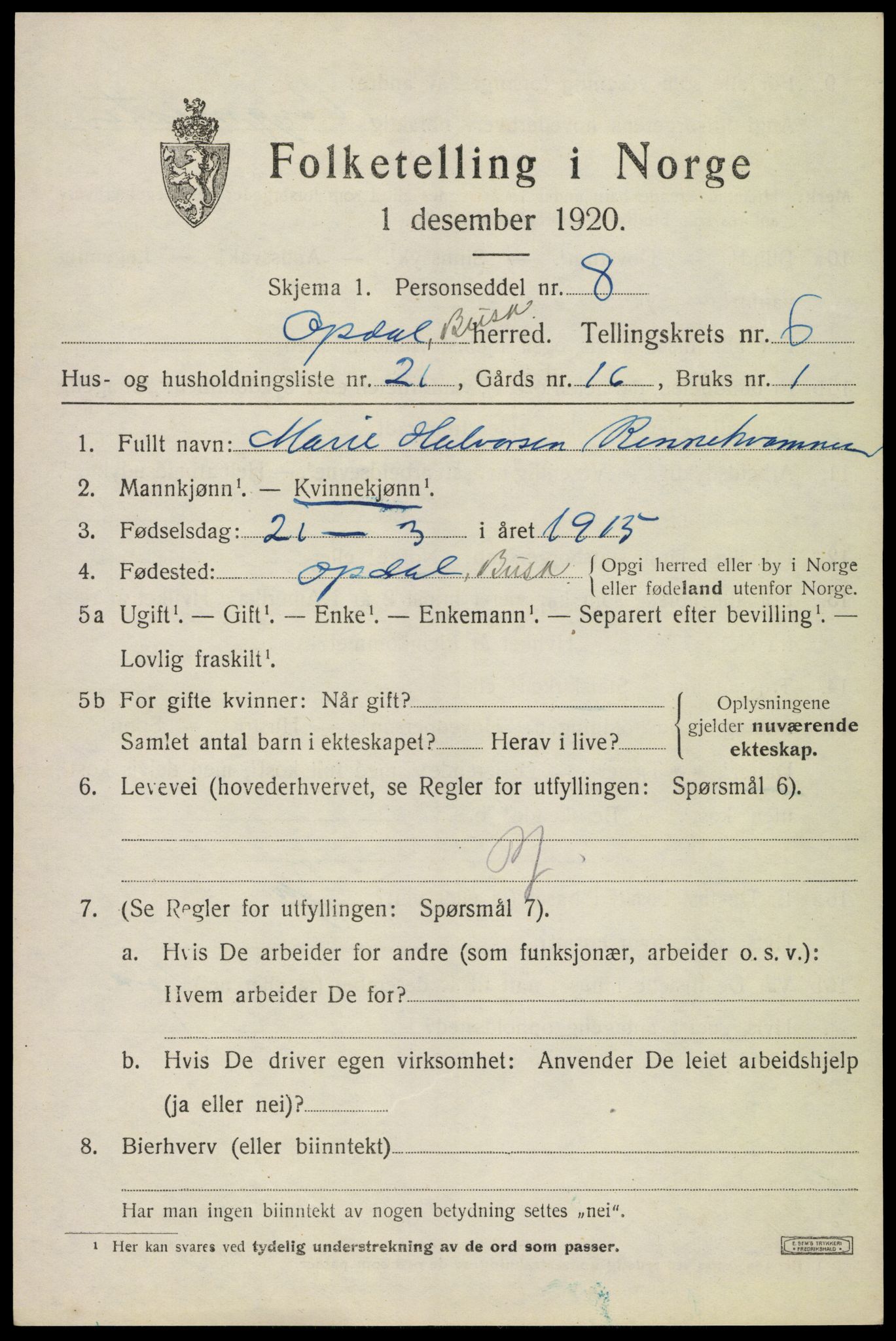 SAKO, 1920 census for Uvdal, 1920, p. 2731