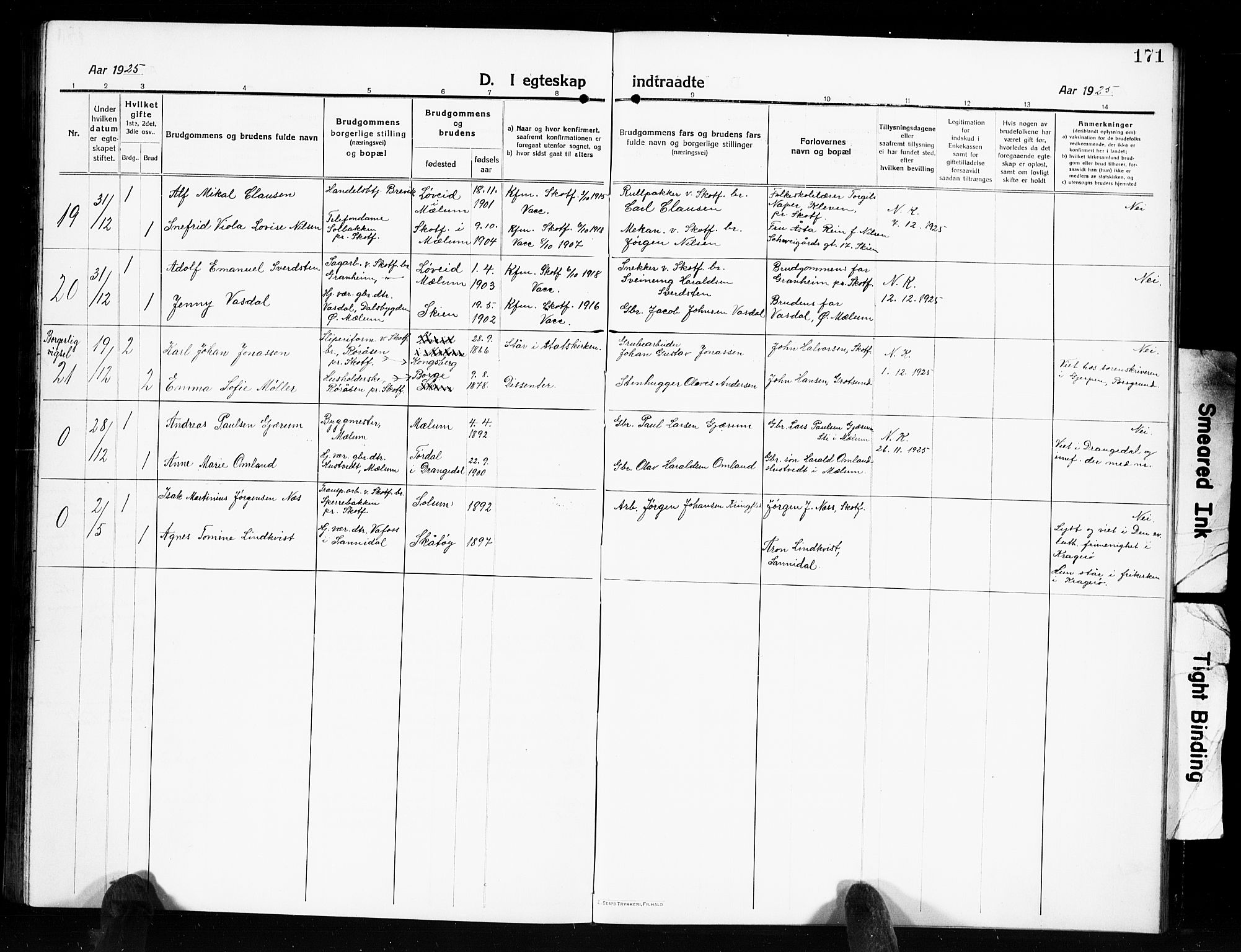 Solum kirkebøker, AV/SAKO-A-306/G/Gb/L0006: Parish register (copy) no. II 6, 1915-1927, p. 171