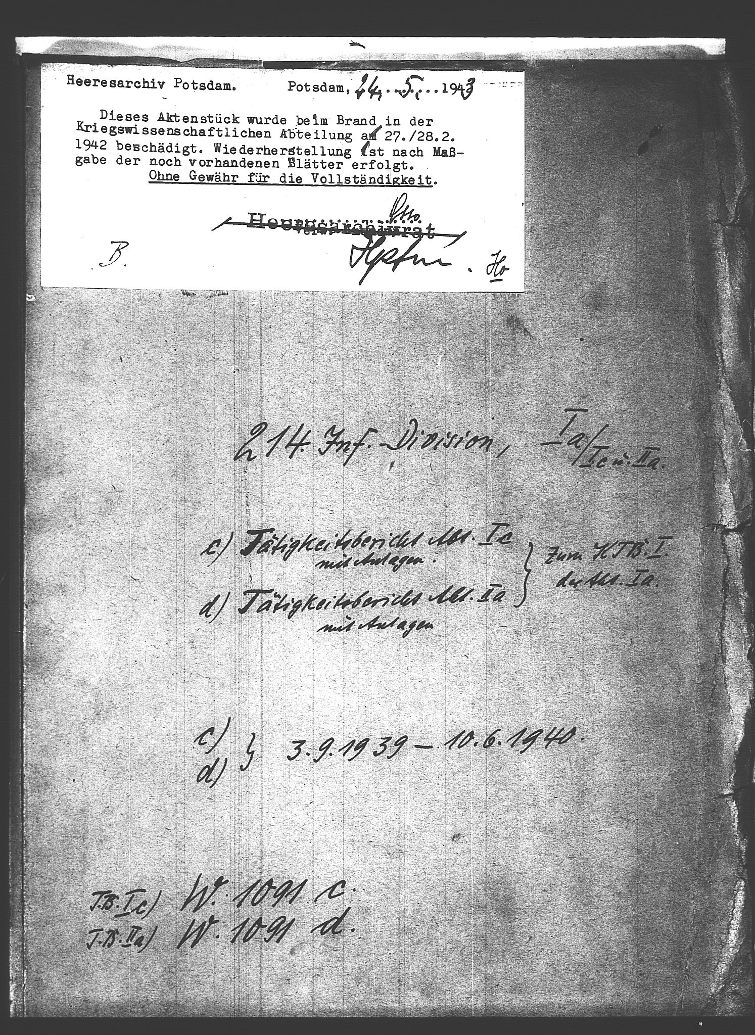 Documents Section, AV/RA-RAFA-2200/V/L0088: Amerikansk mikrofilm "Captured German Documents".
Box No. 727.  FKA jnr. 601/1954., 1939-1940, p. 778