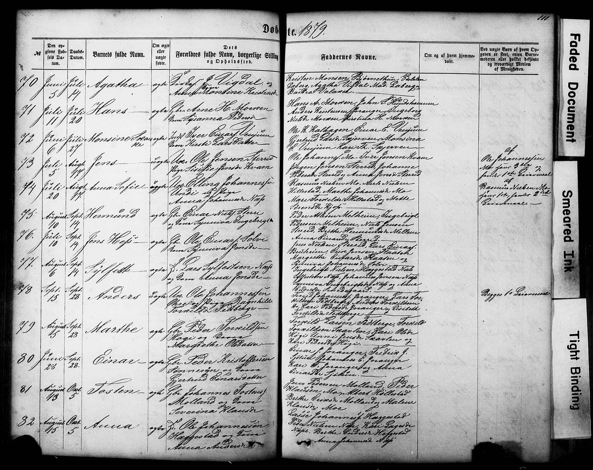 Hafslo sokneprestembete, AV/SAB-A-80301/H/Hab/Haba/L0001: Parish register (copy) no. A 1, 1866-1908, p. 111