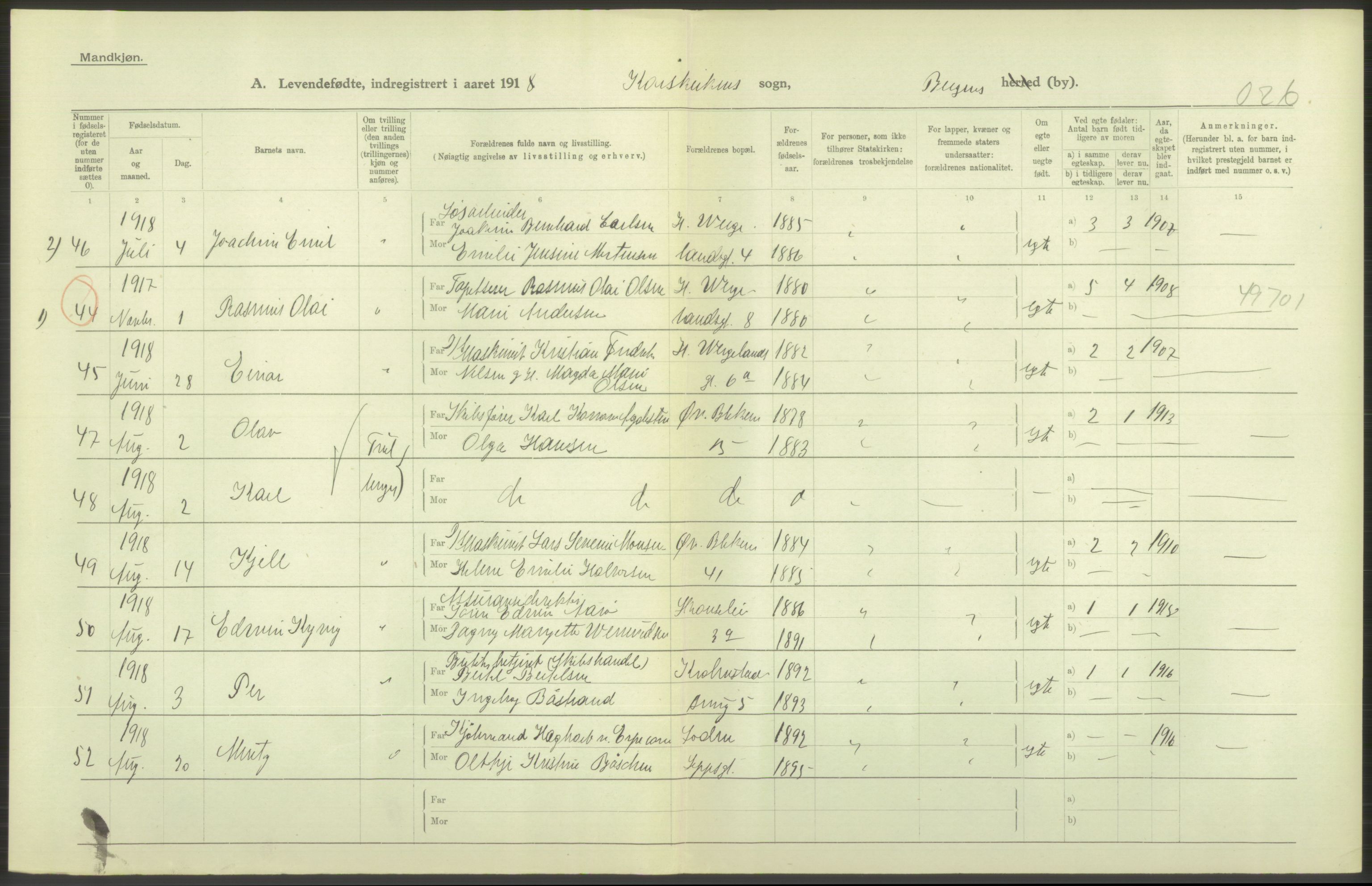 Statistisk sentralbyrå, Sosiodemografiske emner, Befolkning, AV/RA-S-2228/D/Df/Dfb/Dfbh/L0037: Bergen: Levendefødte menn og kvinner., 1918, p. 522