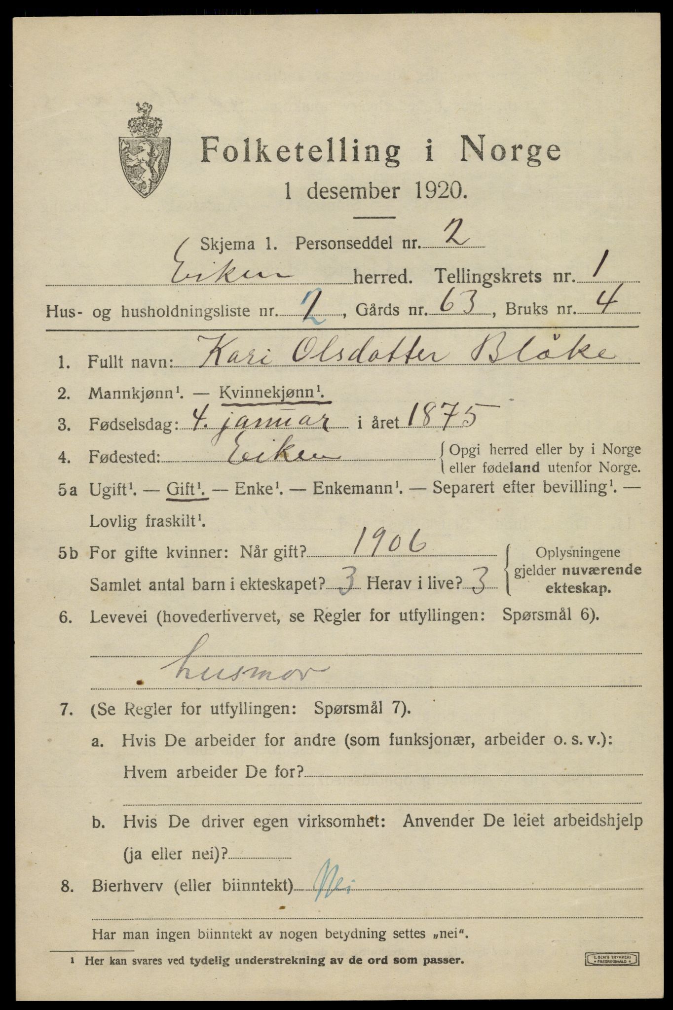 SAK, 1920 census for Eiken, 1920, p. 447