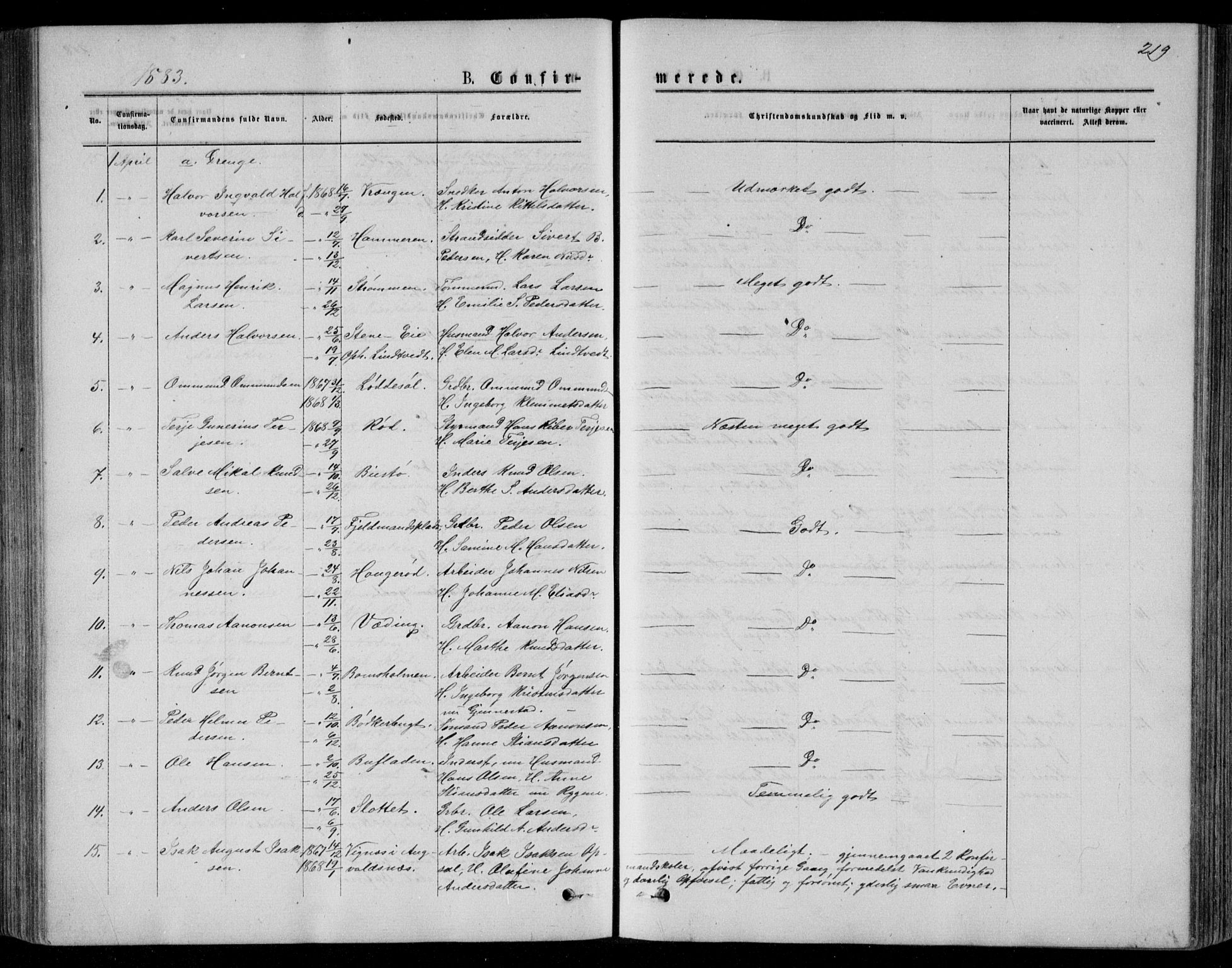 Øyestad sokneprestkontor, SAK/1111-0049/F/Fb/L0008: Parish register (copy) no. B 8, 1872-1886, p. 219