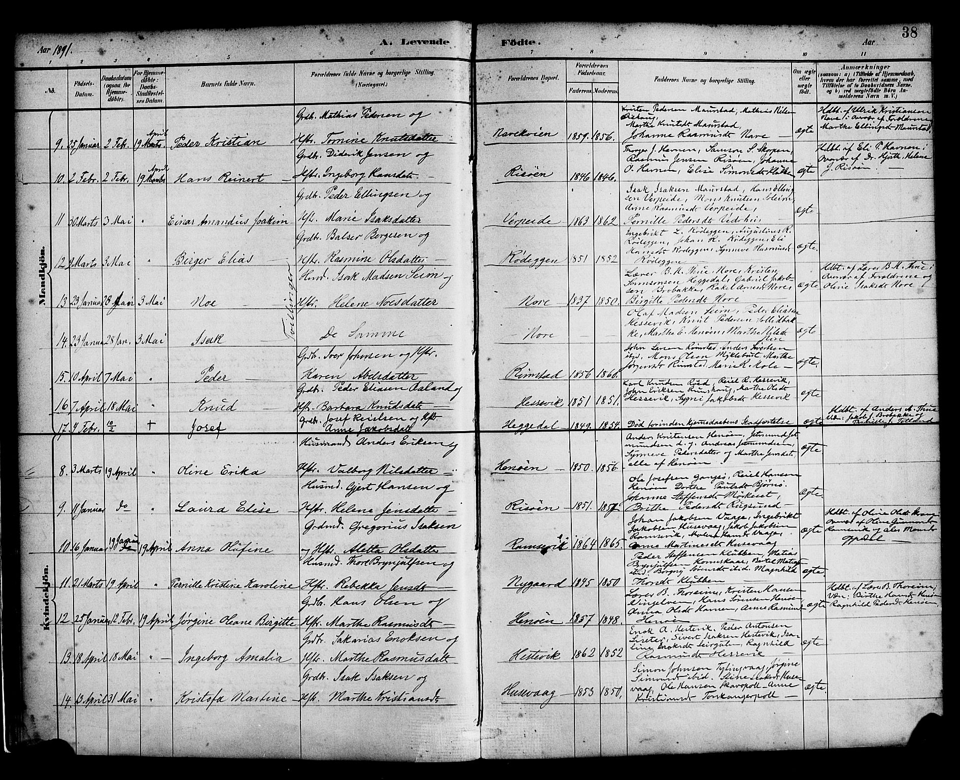 Davik sokneprestembete, AV/SAB-A-79701/H/Haa/Haad/L0001: Parish register (official) no. D 1, 1882-1900, p. 38