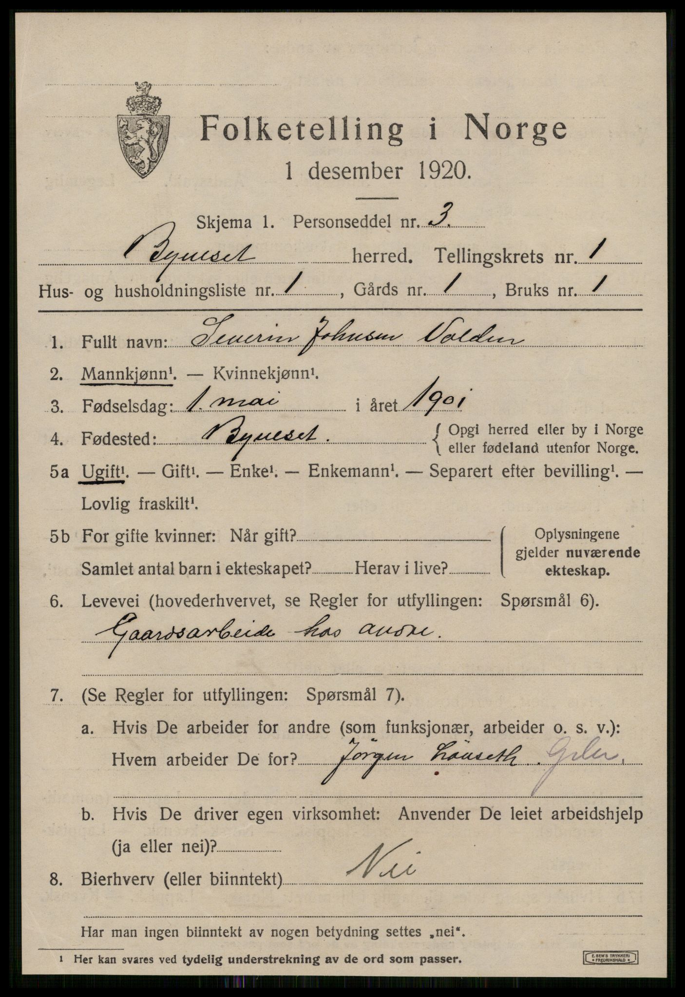 SAT, 1920 census for Byneset, 1920, p. 716