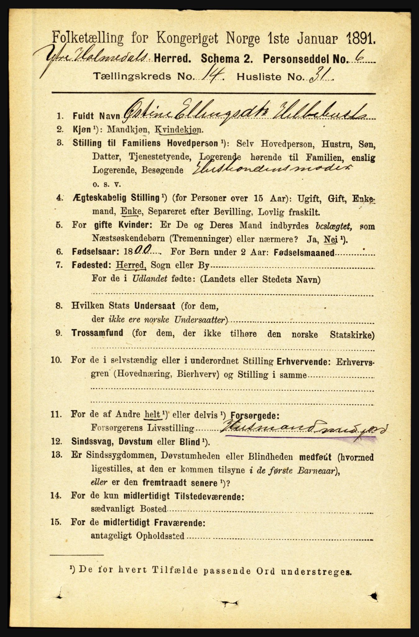 RA, 1891 census for 1429 Ytre Holmedal, 1891, p. 3950