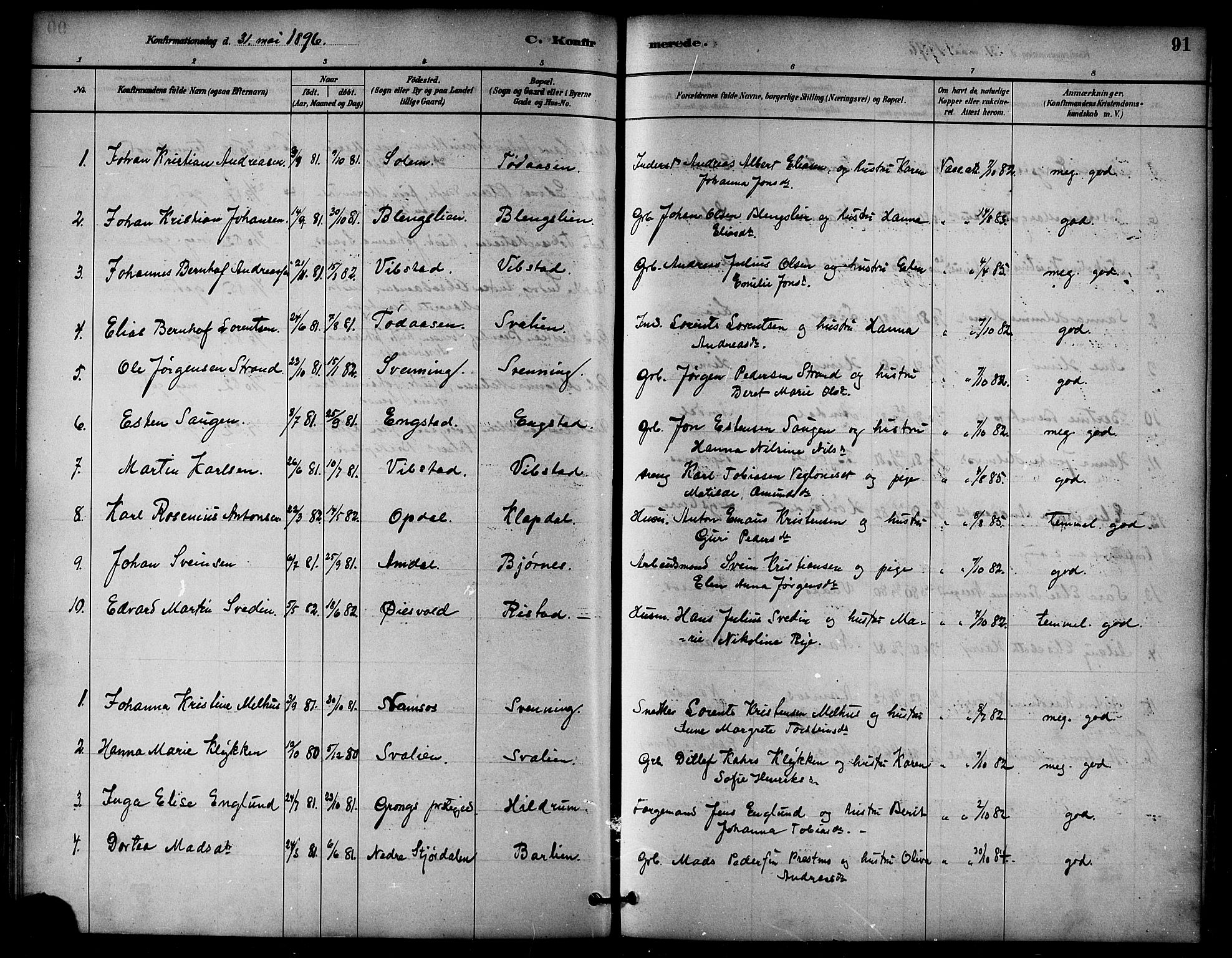Ministerialprotokoller, klokkerbøker og fødselsregistre - Nord-Trøndelag, SAT/A-1458/764/L0555: Parish register (official) no. 764A10, 1881-1896, p. 91