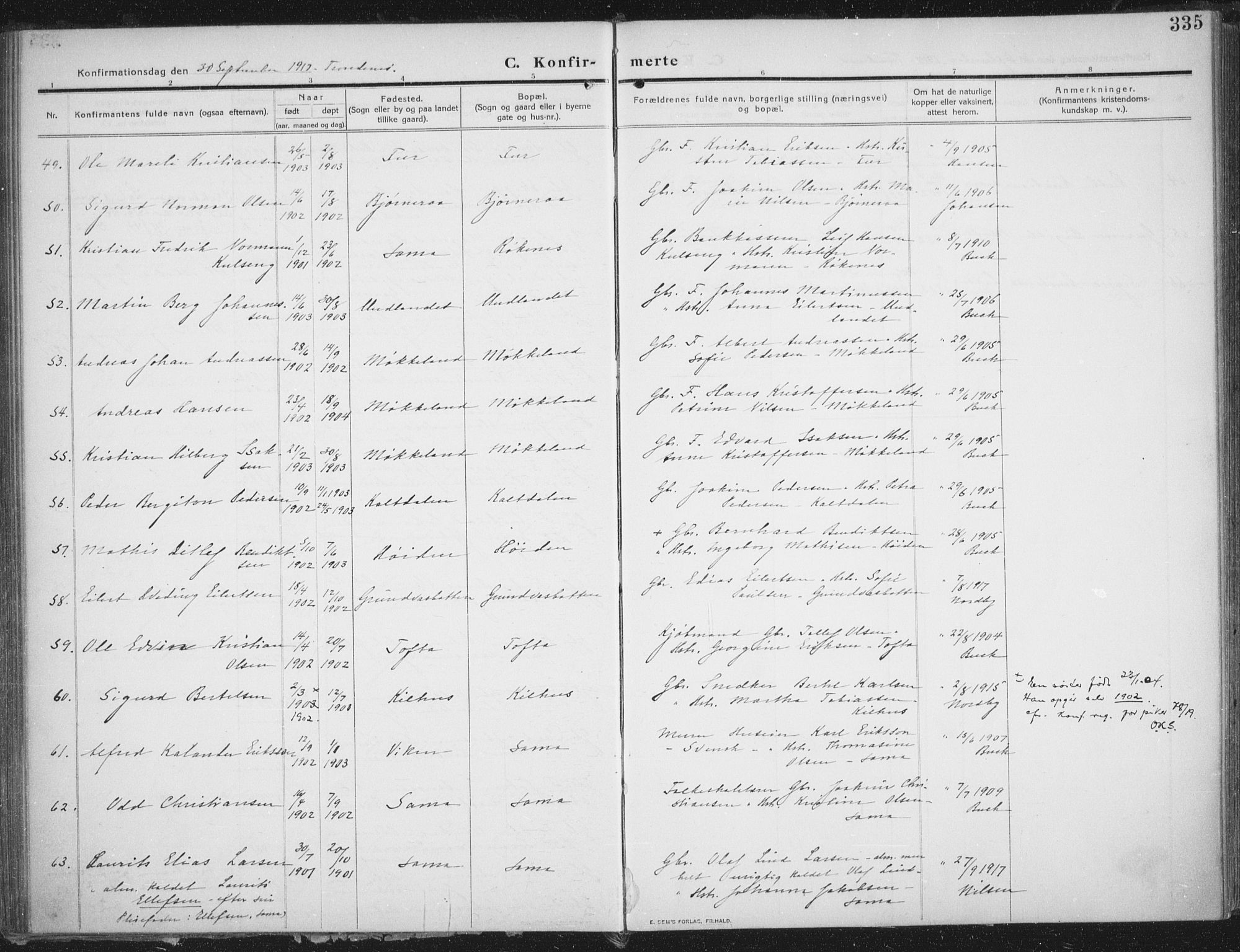 Trondenes sokneprestkontor, AV/SATØ-S-1319/H/Ha/L0018kirke: Parish register (official) no. 18, 1909-1918, p. 335