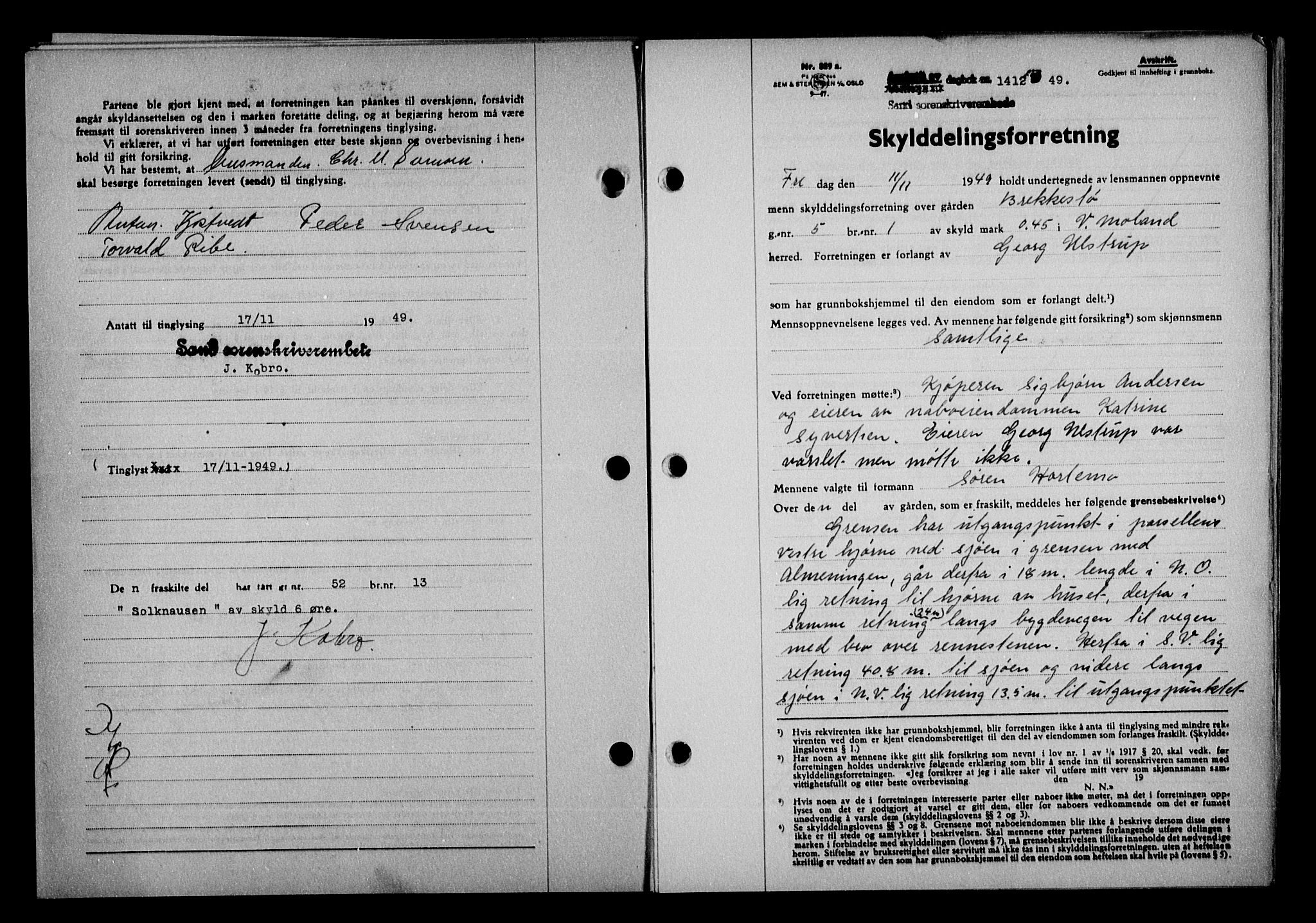 Vestre Nedenes/Sand sorenskriveri, AV/SAK-1221-0010/G/Gb/Gba/L0059: Mortgage book no. A 12, 1949-1950, Diary no: : 1412/1949