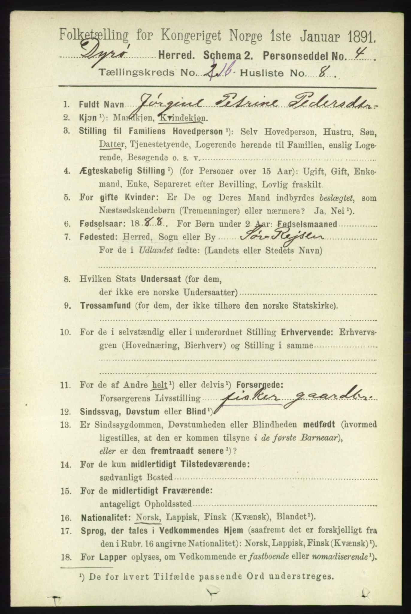 RA, 1891 census for 1926 Dyrøy, 1891, p. 443