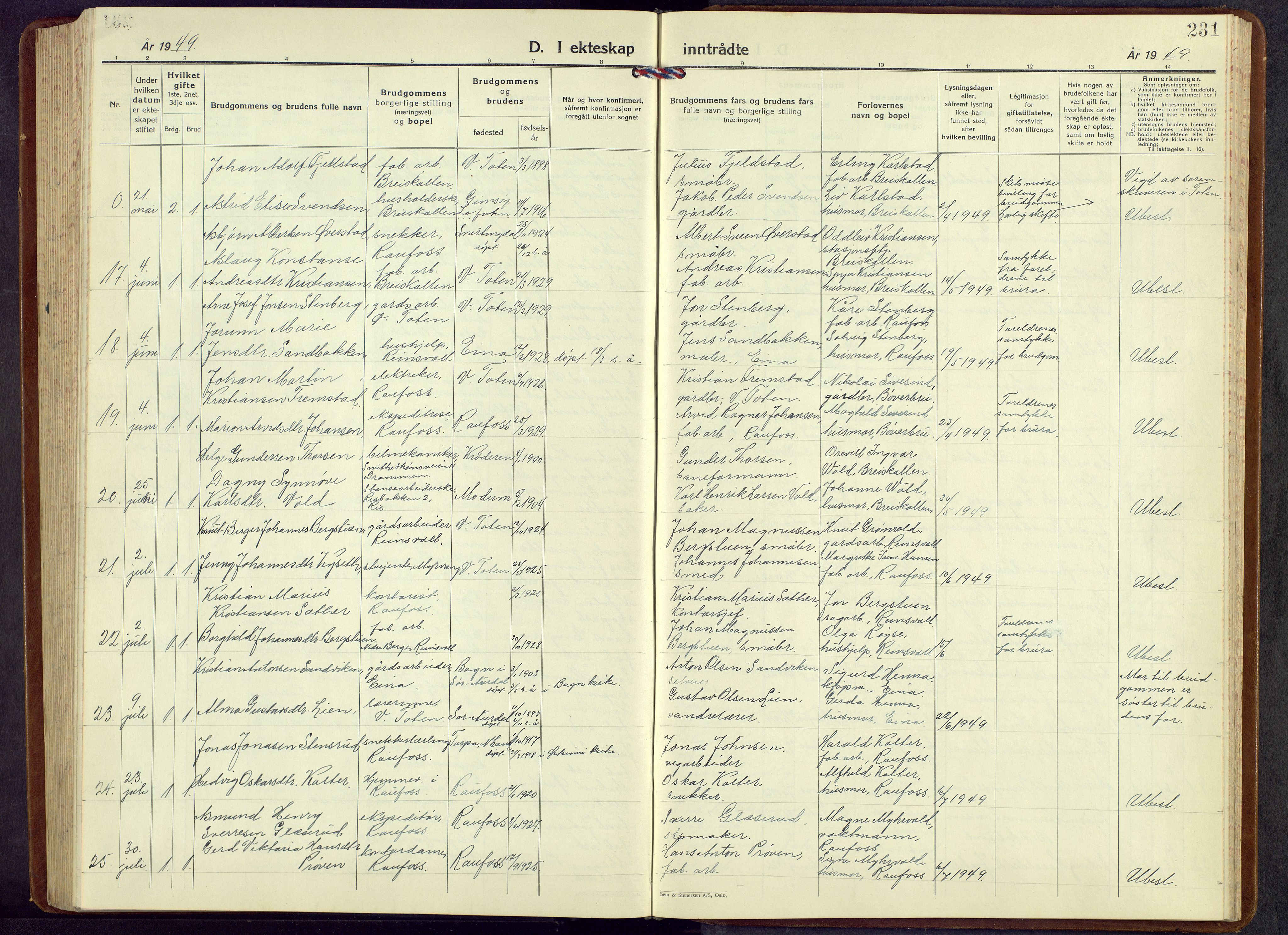 Vestre Toten prestekontor, AV/SAH-PREST-108/H/Ha/Hab/L0013: Parish register (copy) no. 13, 1940-1956, p. 231