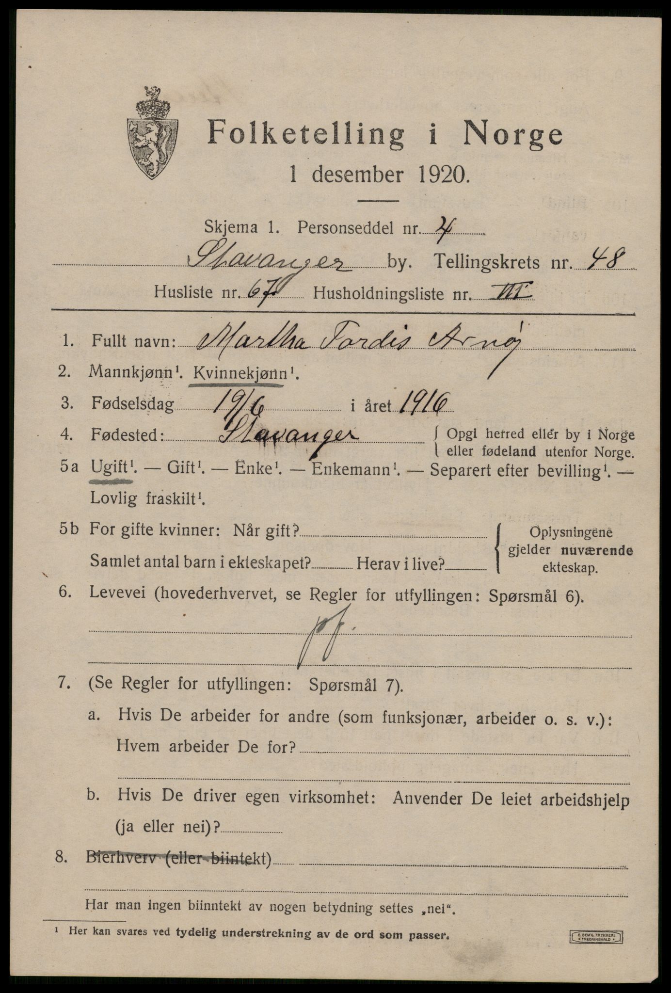 SAST, 1920 census for Stavanger, 1920, p. 117380