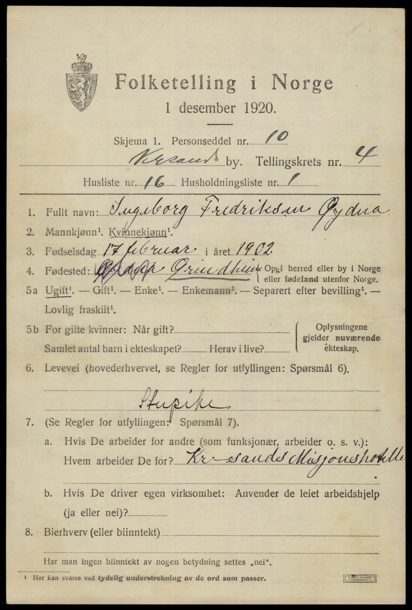 SAK, 1920 census for Kristiansand, 1920, p. 15657