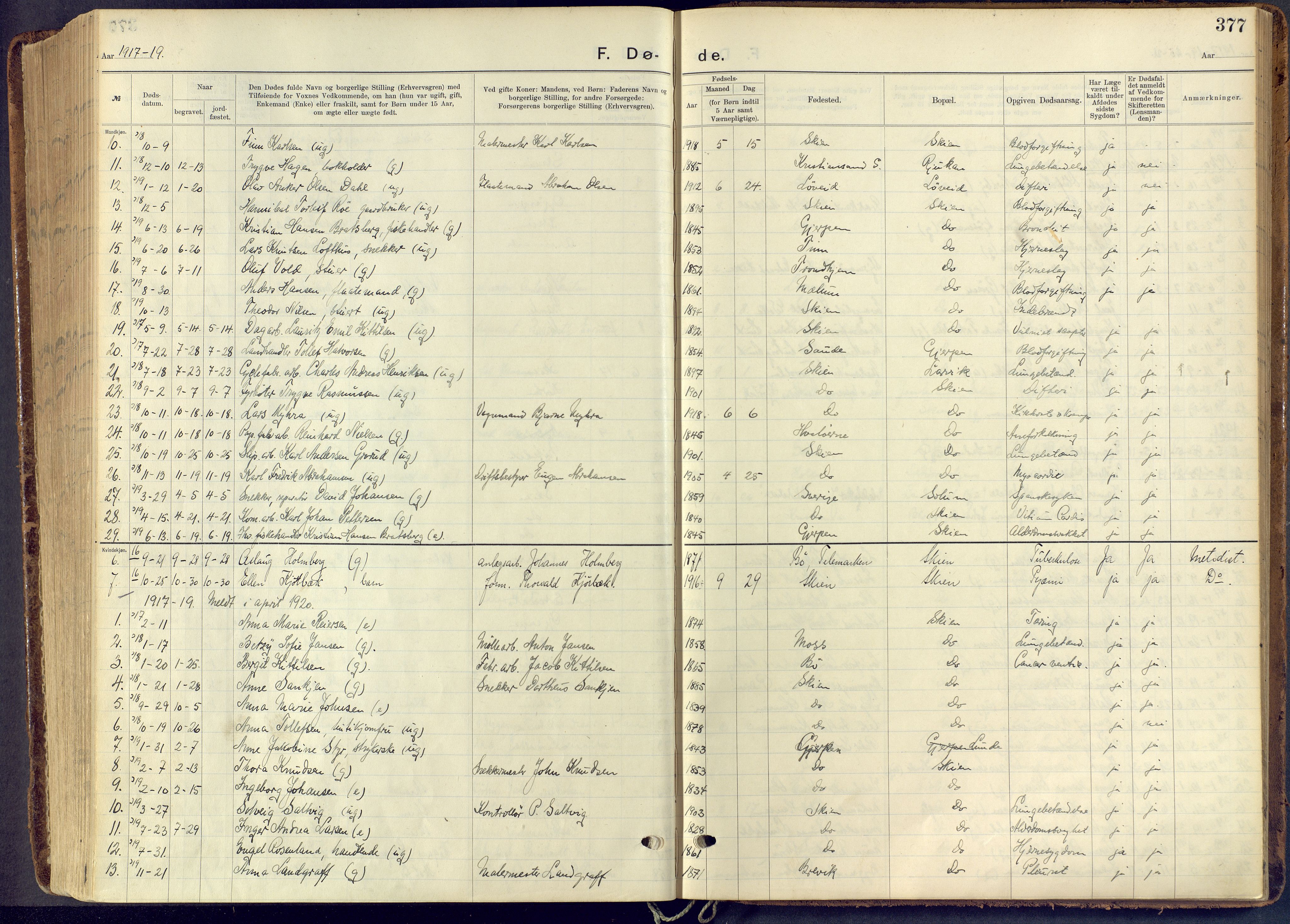 Skien kirkebøker, AV/SAKO-A-302/F/Fa/L0013: Parish register (official) no. 13, 1915-1921, p. 377