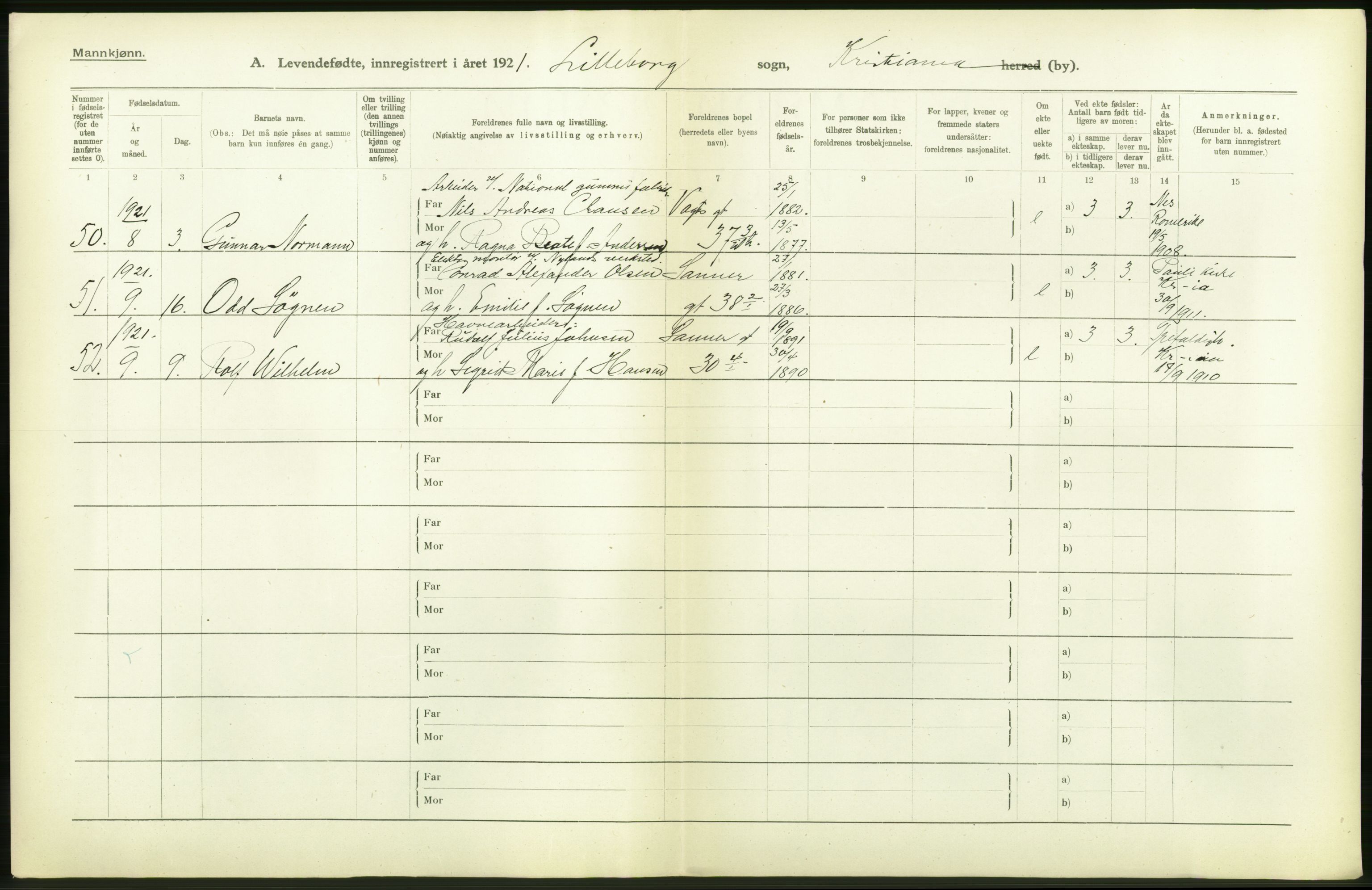 Statistisk sentralbyrå, Sosiodemografiske emner, Befolkning, AV/RA-S-2228/D/Df/Dfc/Dfca/L0008: Kristiania: Levendefødte menn og kvinner., 1921, p. 20