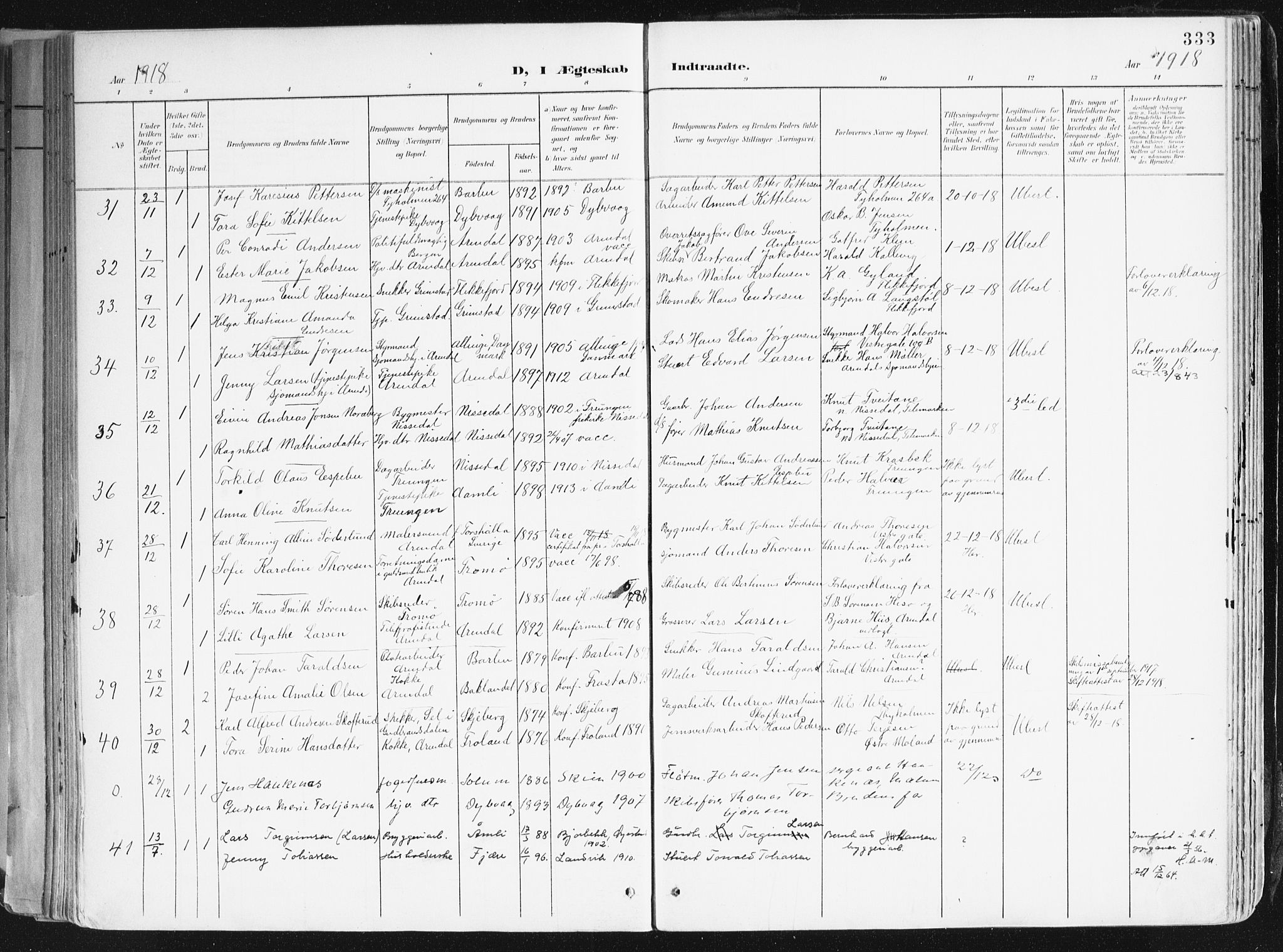 Arendal sokneprestkontor, Trefoldighet, AV/SAK-1111-0040/F/Fa/L0010: Parish register (official) no. A 10, 1900-1919, p. 333