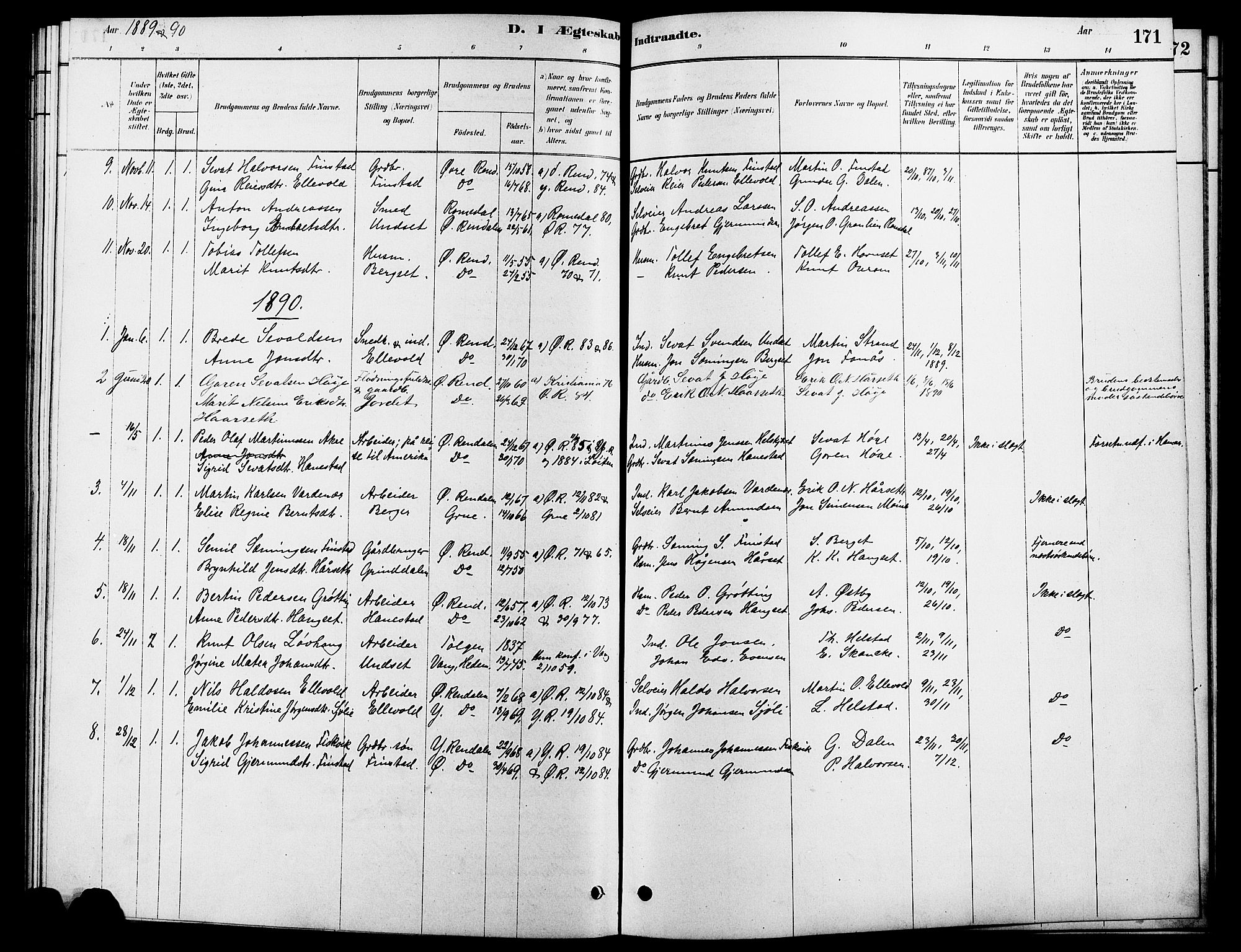 Rendalen prestekontor, SAH/PREST-054/H/Ha/Hab/L0003: Parish register (copy) no. 3, 1879-1904, p. 171