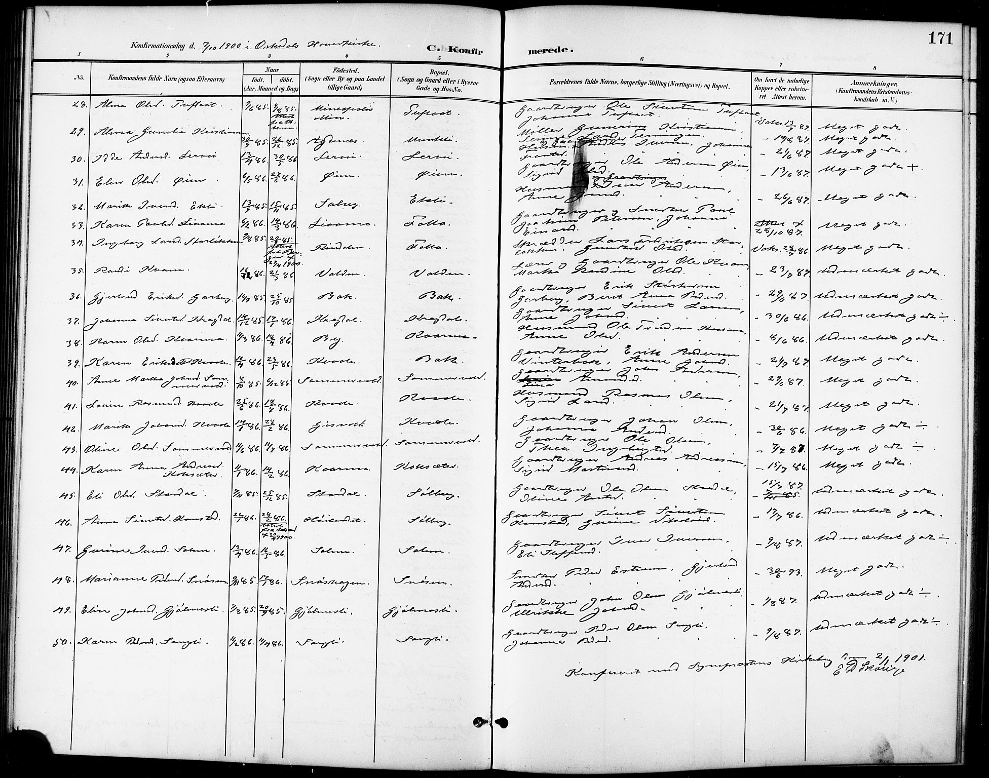 Ministerialprotokoller, klokkerbøker og fødselsregistre - Sør-Trøndelag, SAT/A-1456/668/L0819: Parish register (copy) no. 668C08, 1899-1912, p. 171