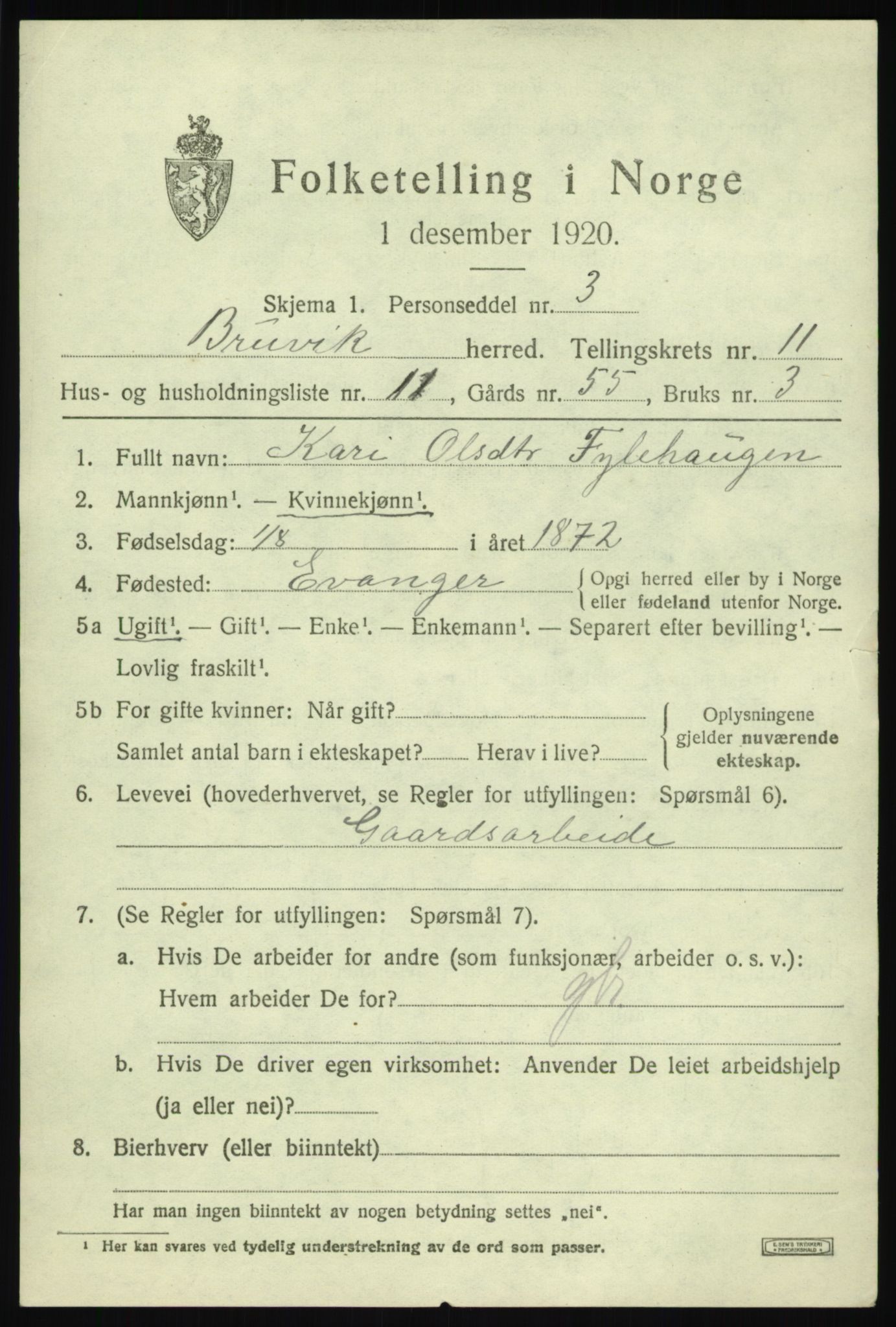 SAB, 1920 census for Bruvik, 1920, p. 7880