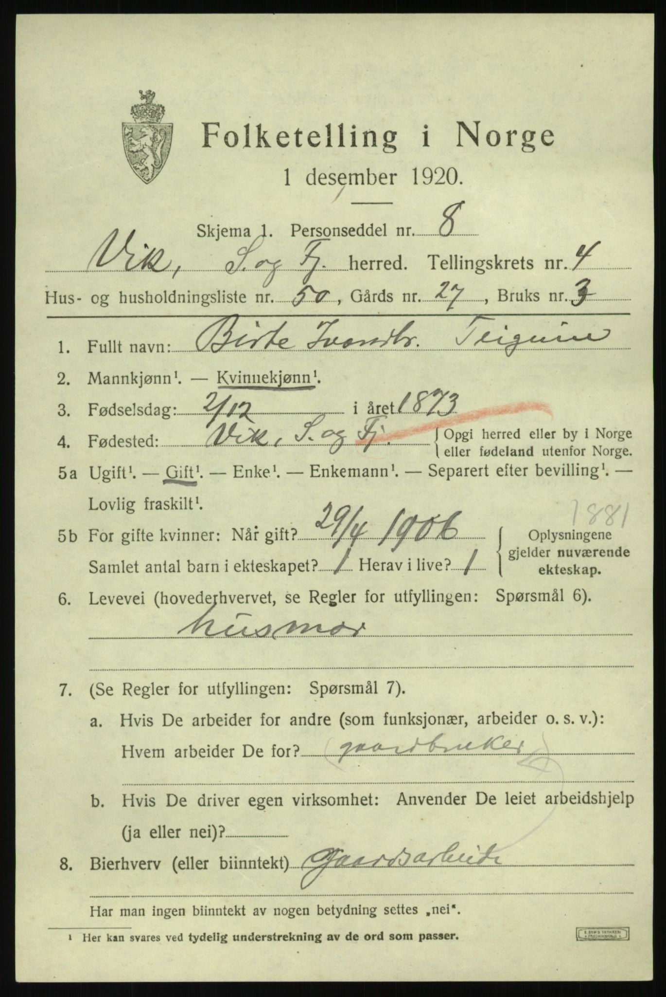 SAB, 1920 census for Vik, 1920, p. 3773