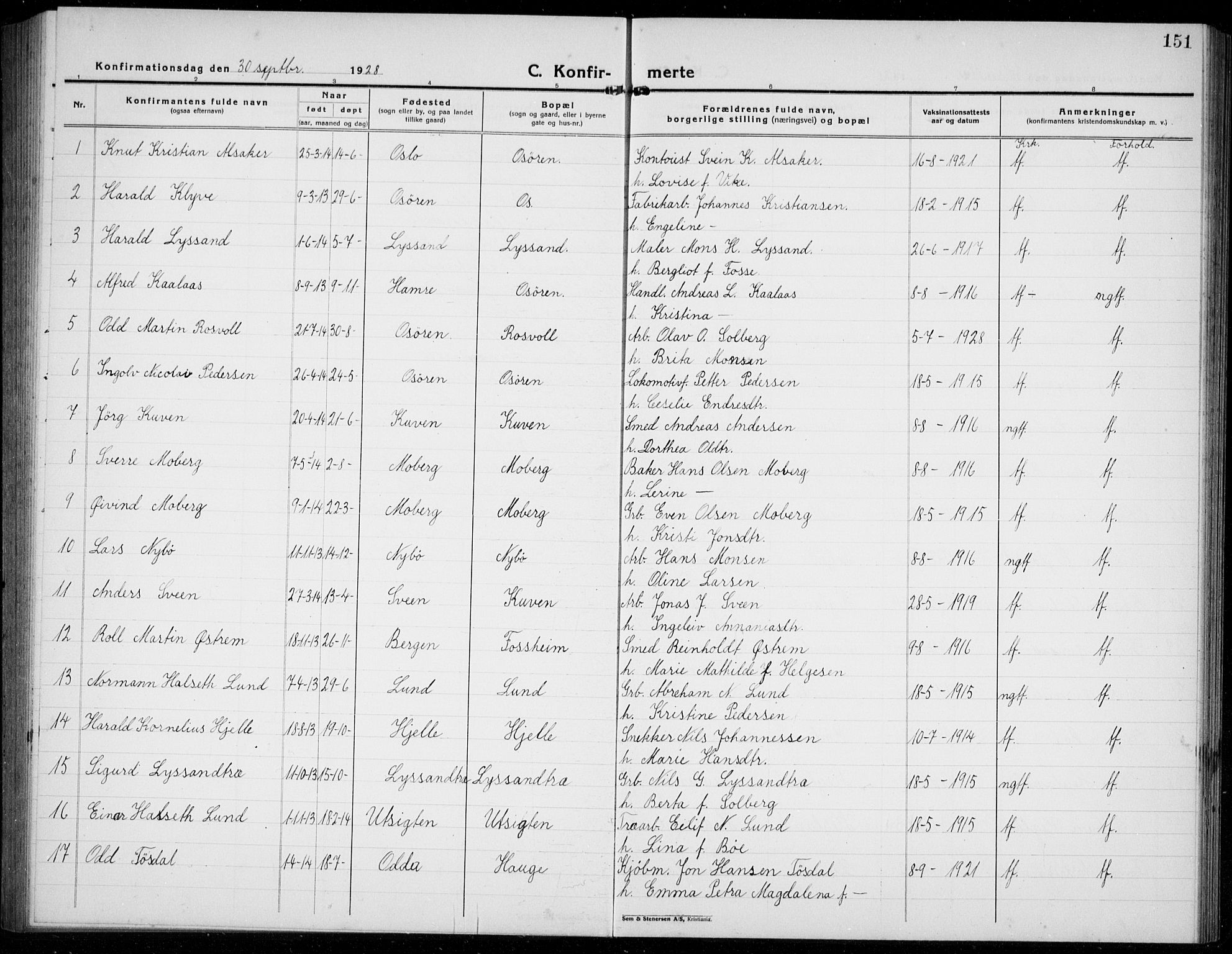 Os sokneprestembete, AV/SAB-A-99929: Parish register (copy) no. A 5, 1923-1941, p. 151