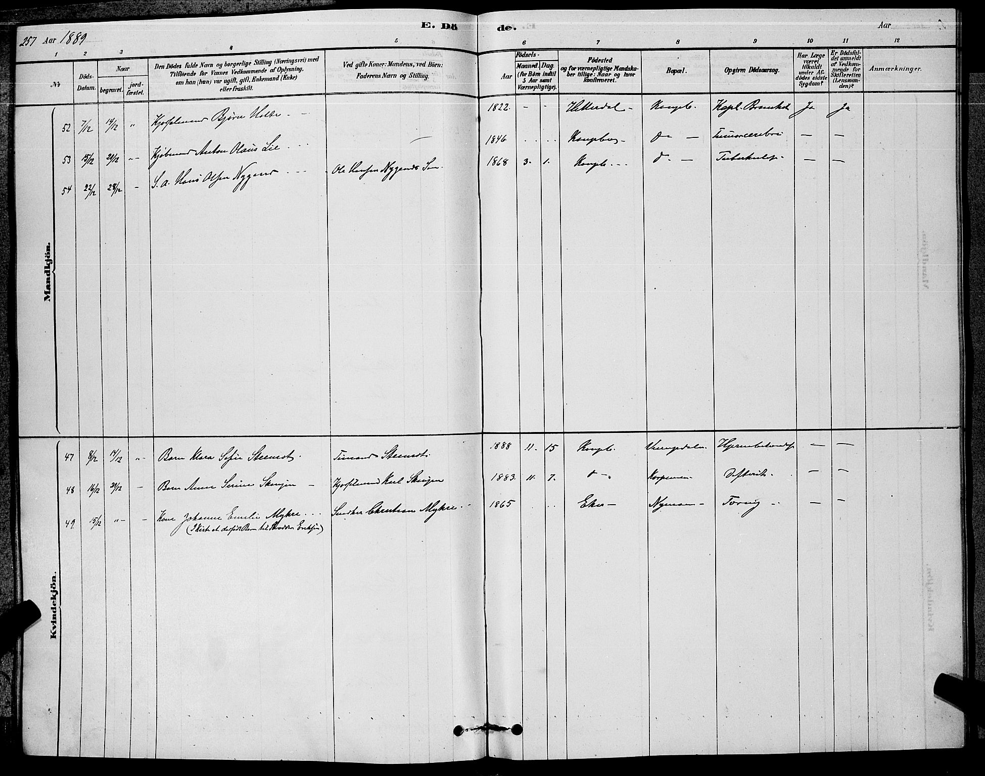 Kongsberg kirkebøker, AV/SAKO-A-22/G/Ga/L0005: Parish register (copy) no. 5, 1878-1889, p. 257