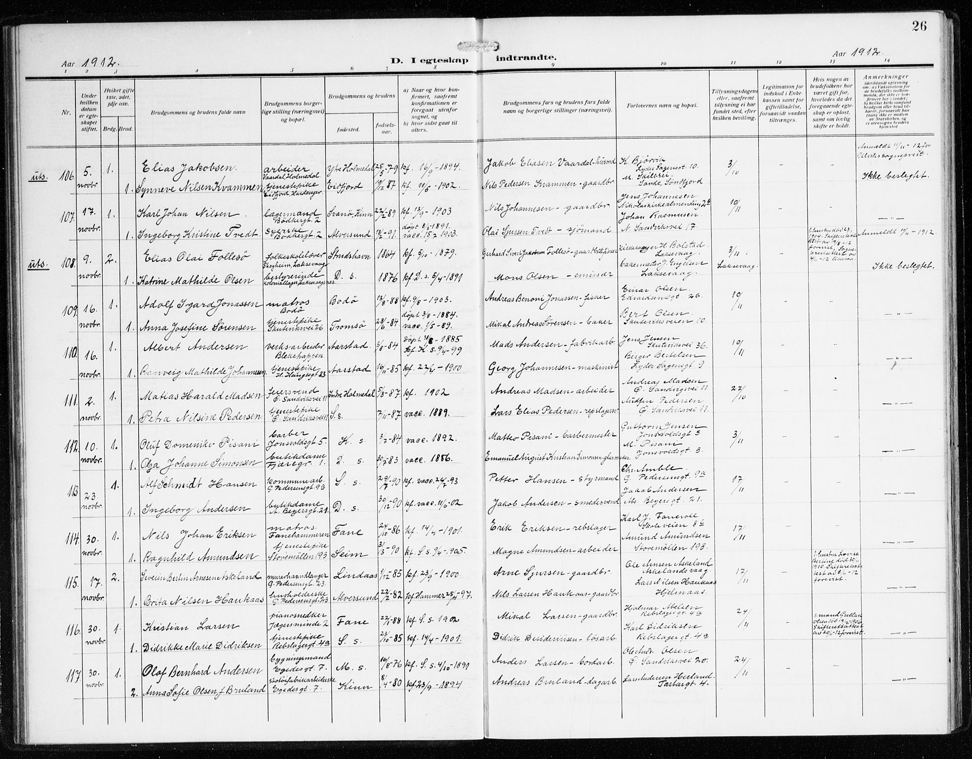 Sandviken Sokneprestembete, AV/SAB-A-77601/H/Ha/L0015: Parish register (official) no. D 2, 1911-1923, p. 26