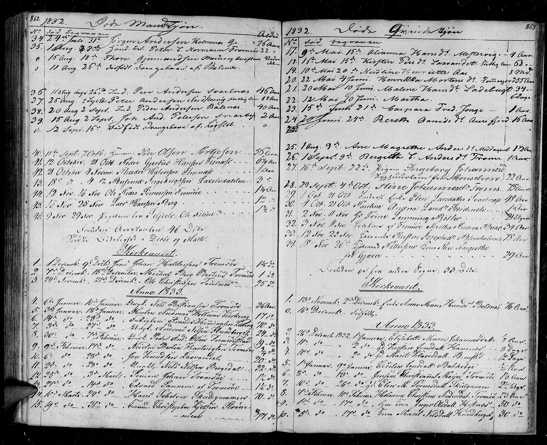 Tromsø sokneprestkontor/stiftsprosti/domprosti, SATØ/S-1343/G/Ga/L0008kirke: Parish register (official) no. 8, 1829-1837, p. 862-863