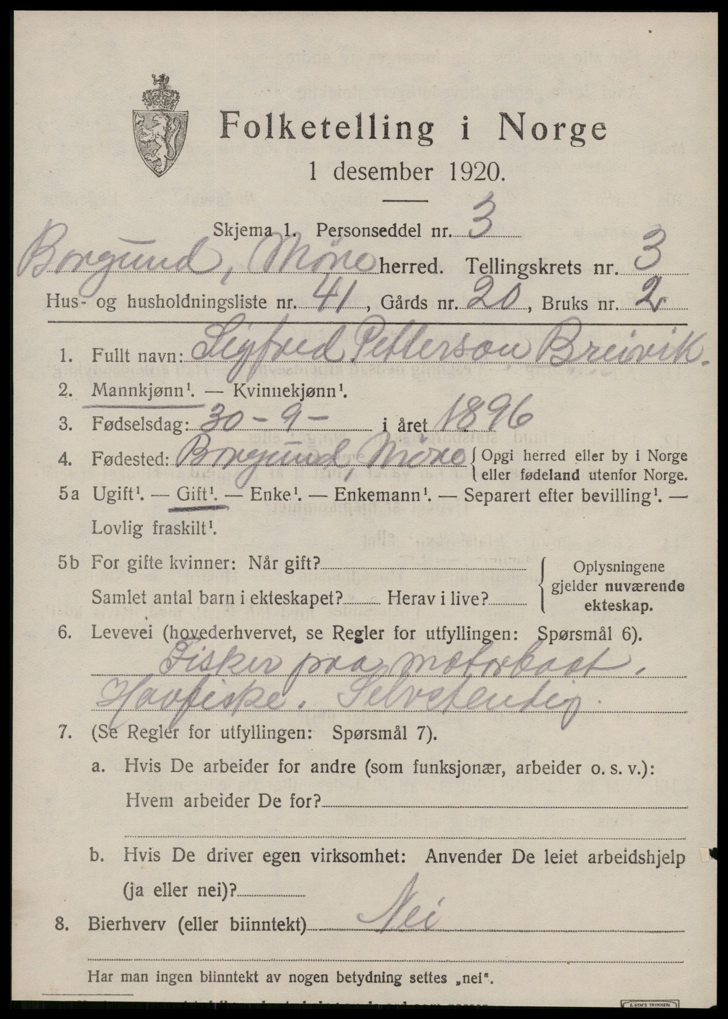 SAT, 1920 census for Borgund, 1920, p. 3854