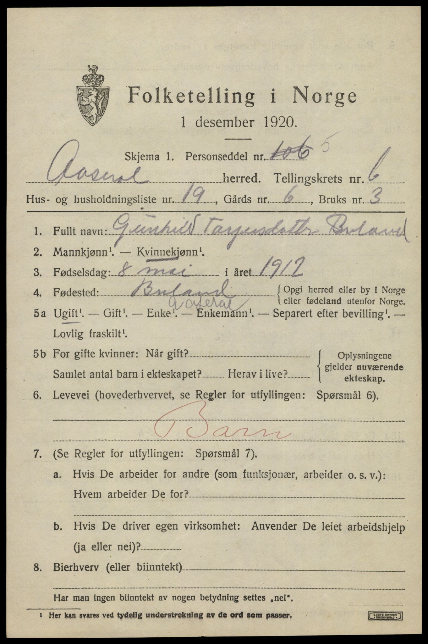 SAK, 1920 census for Åseral, 1920, p. 2008
