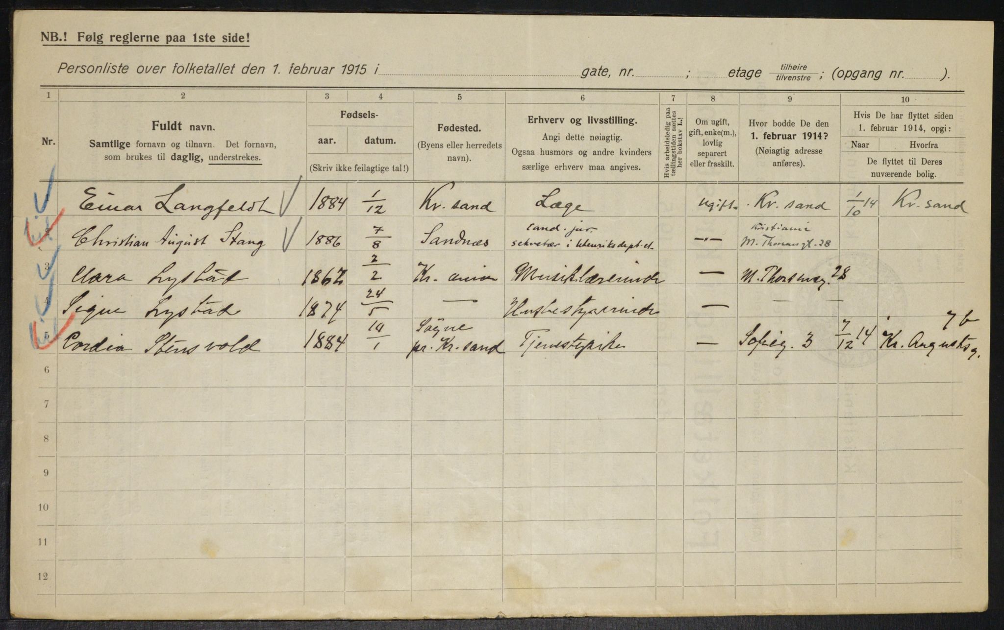 OBA, Municipal Census 1915 for Kristiania, 1915, p. 65087