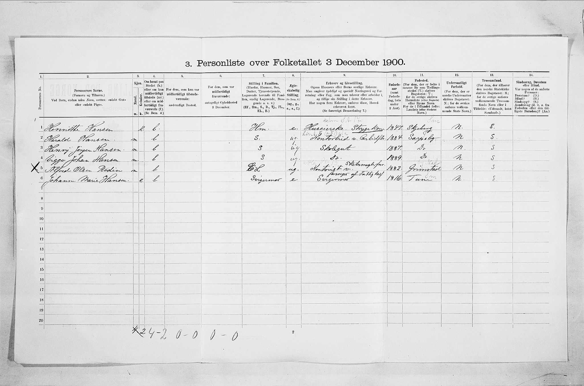 SAO, 1900 census for Sarpsborg, 1900