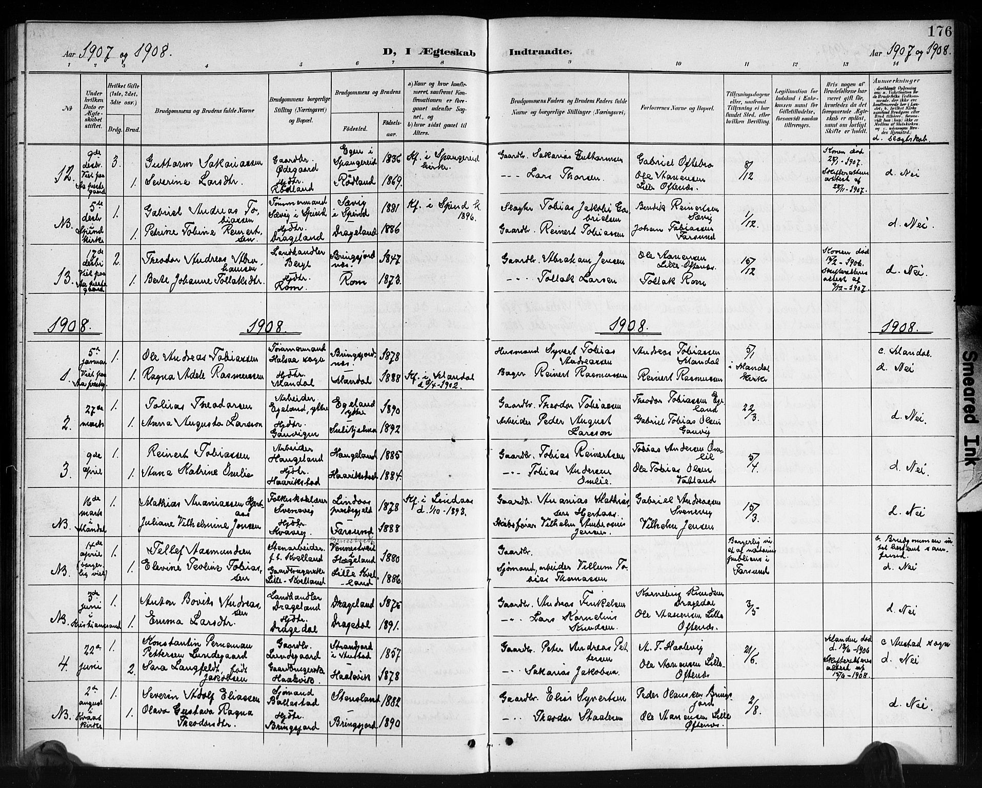 Lyngdal sokneprestkontor, SAK/1111-0029/F/Fb/Fbc/L0005: Parish register (copy) no. B 5, 1897-1913, p. 176