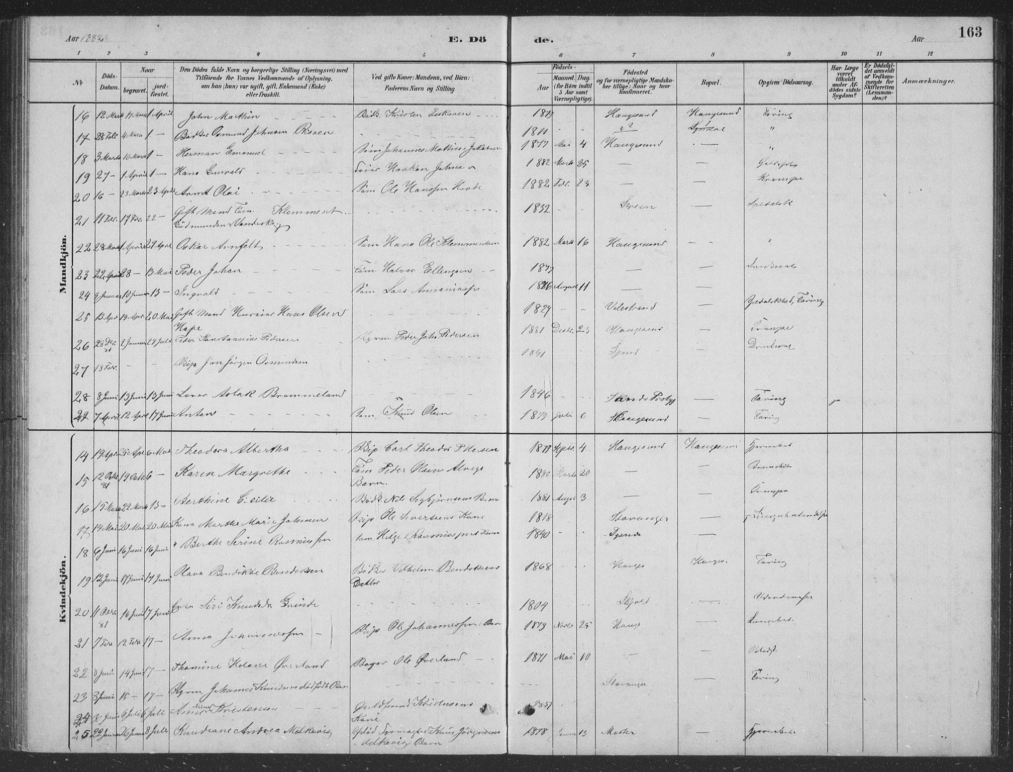 Haugesund sokneprestkontor, AV/SAST-A -101863/H/Ha/Hab/L0002: Parish register (copy) no. B 2, 1881-1894, p. 163