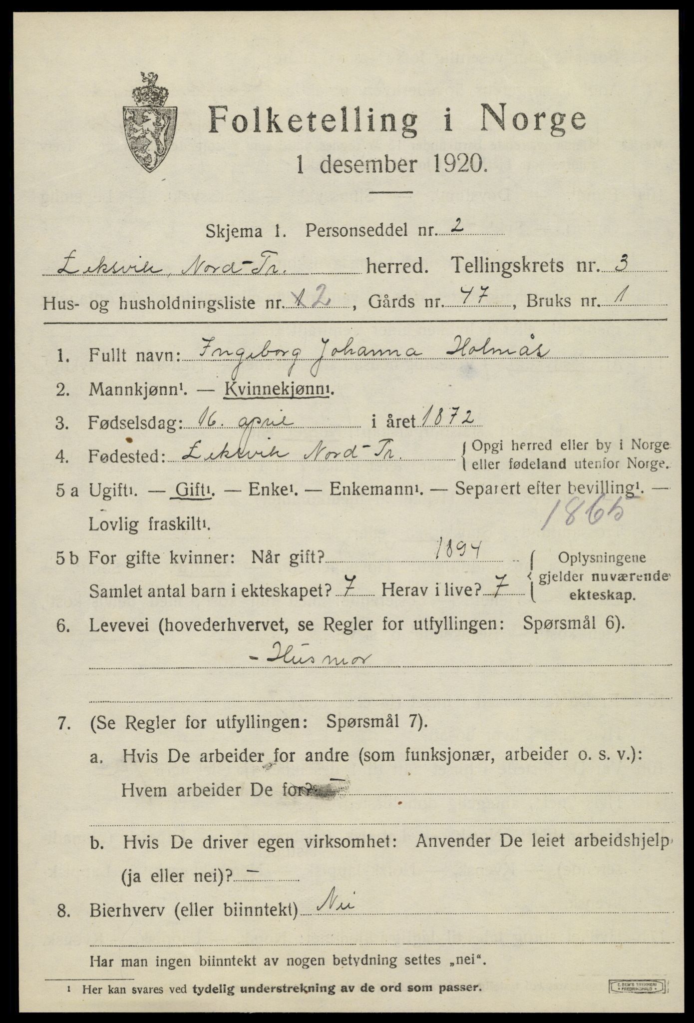 SAT, 1920 census for Leksvik, 1920, p. 2900