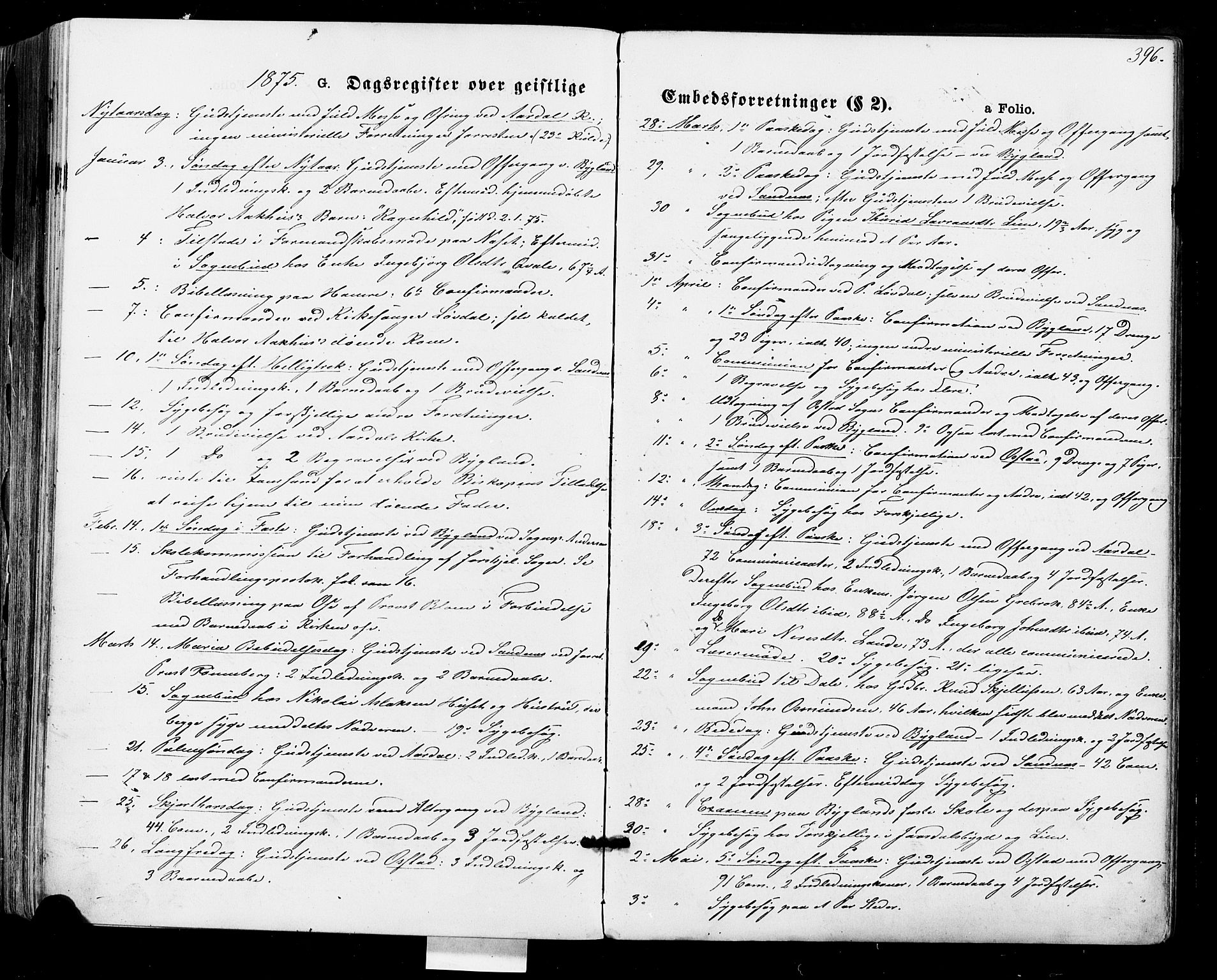 Bygland sokneprestkontor, SAK/1111-0006/F/Fa/Fab/L0006: Parish register (official) no. A 6, 1873-1884, p. 396