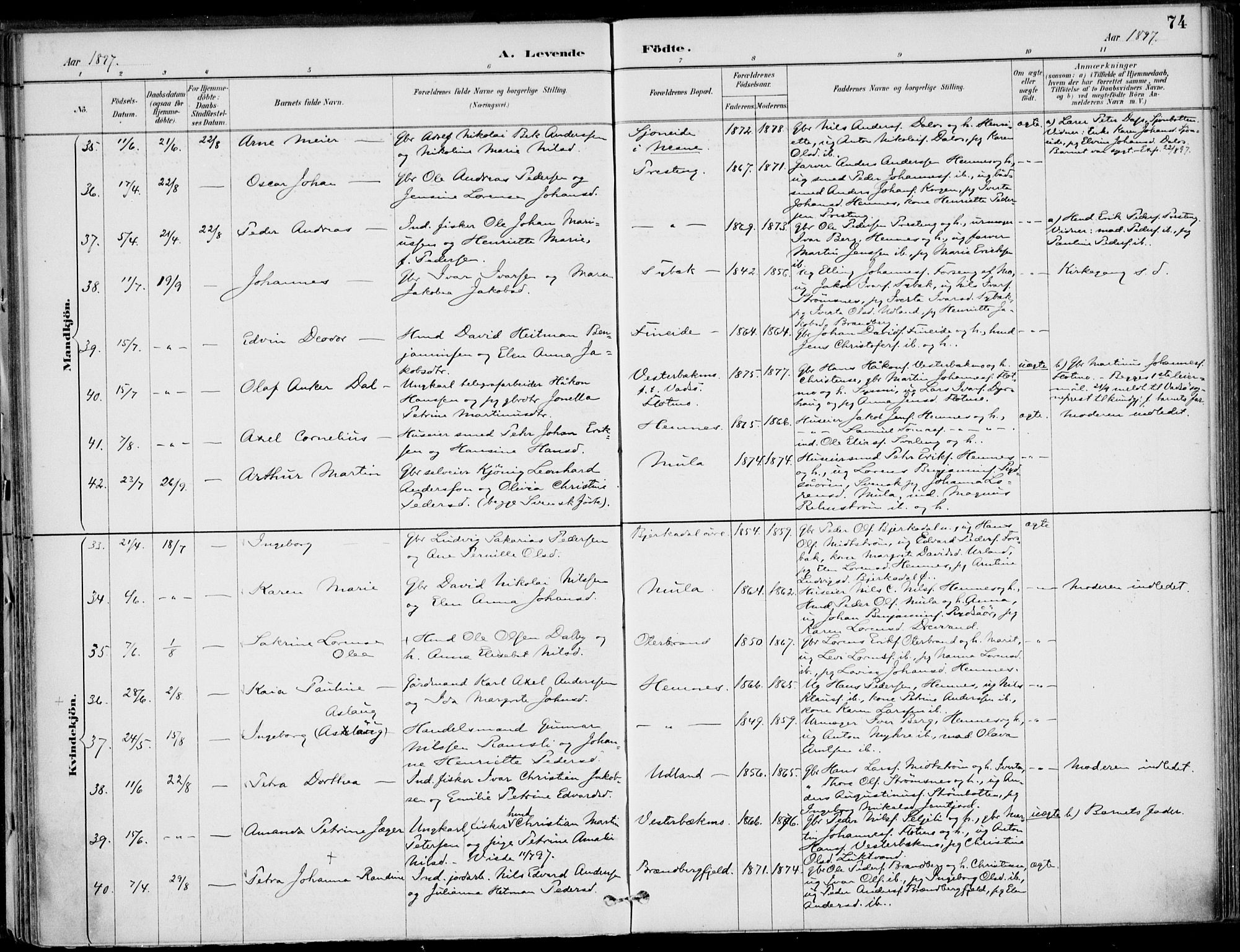 Ministerialprotokoller, klokkerbøker og fødselsregistre - Nordland, SAT/A-1459/825/L0362: Parish register (official) no. 825A16, 1886-1908, p. 74