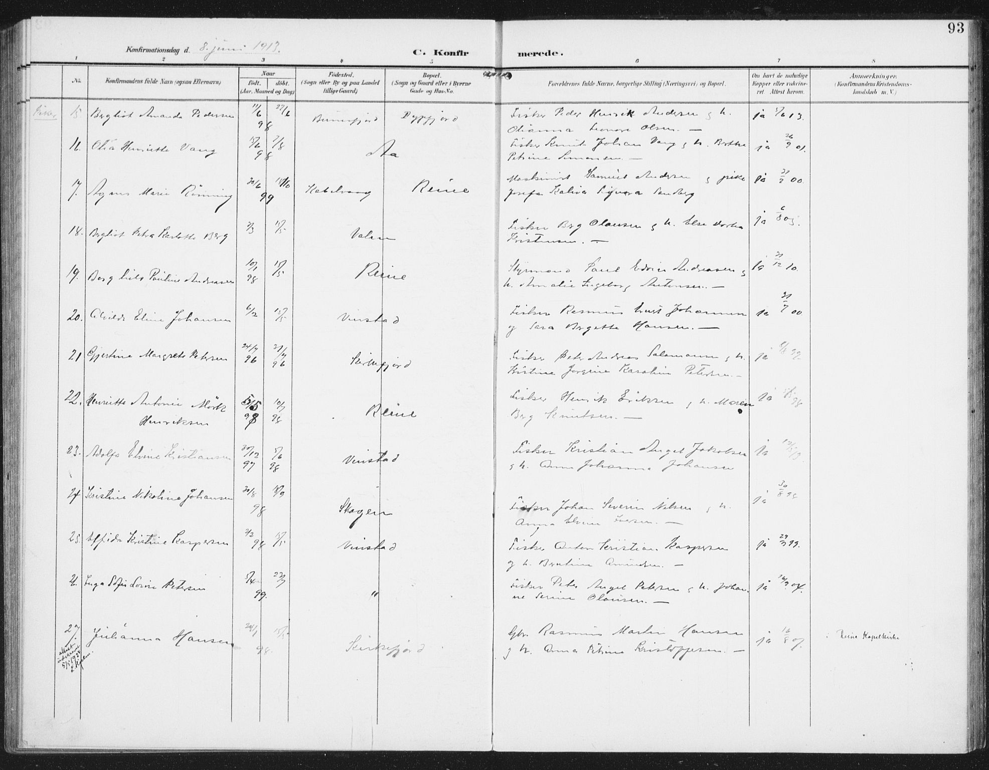 Ministerialprotokoller, klokkerbøker og fødselsregistre - Nordland, AV/SAT-A-1459/886/L1221: Parish register (official) no. 886A03, 1903-1913, p. 93